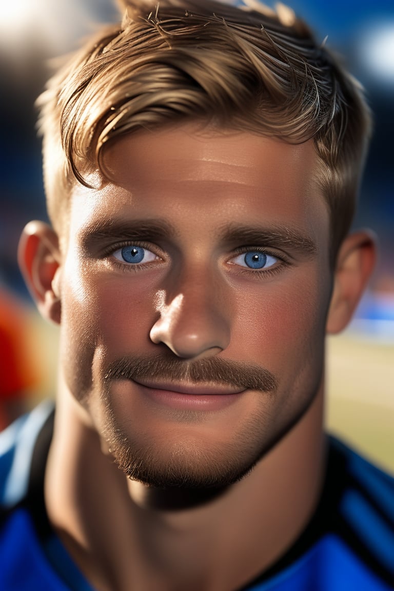 (realistic, masterpiece, high quality, best quality), 1man, English, rugby player,  looking to the side while focused, ((dynamic )), at the party, ((realistic, photo, fix realistic intricate real male head hair skin nose eyes mouth facialhair)), blue eyes, real blond hair , ((highres, uhd(, colorful, depth of field, new, newest),ollie