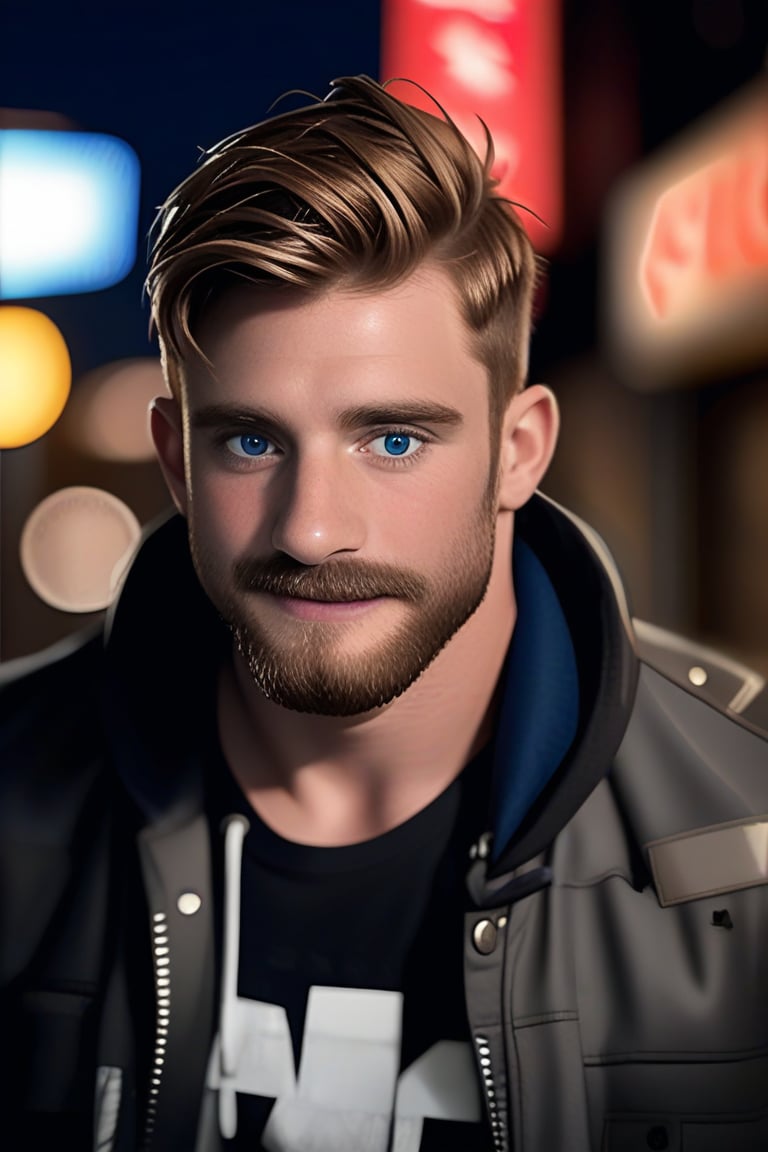 (masterpiece, only realistic, best quality), absurdrealistic photo of ollie, english man, brown facial hair, plump, handsome, short hair, blue-eyes, tall, real matte skin, expressive eyes, punk jacket, long beard, undershirt, punk shirt, bandana, outdoors, night, depth of field, bokeh, exceptional realism realistic smooth clearn clean photo in uhd, high-res, high-definition, original, dynamic view, best photo portrait in the world, photorealistic,