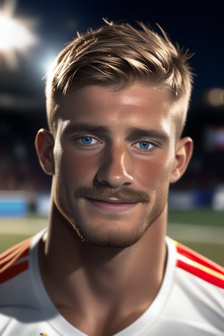 (realistic, masterpiece, high quality, best quality), 1man, English, rugby player,  looking to the side while focused, ((dynamic )), at the party, ((realistic, photo, fix realistic intricate real male head hair skin nose eyes mouth facialhair)), blue eyes, real blond hair , ((highres, uhd(, colorful, depth of field, new, newest),ollie