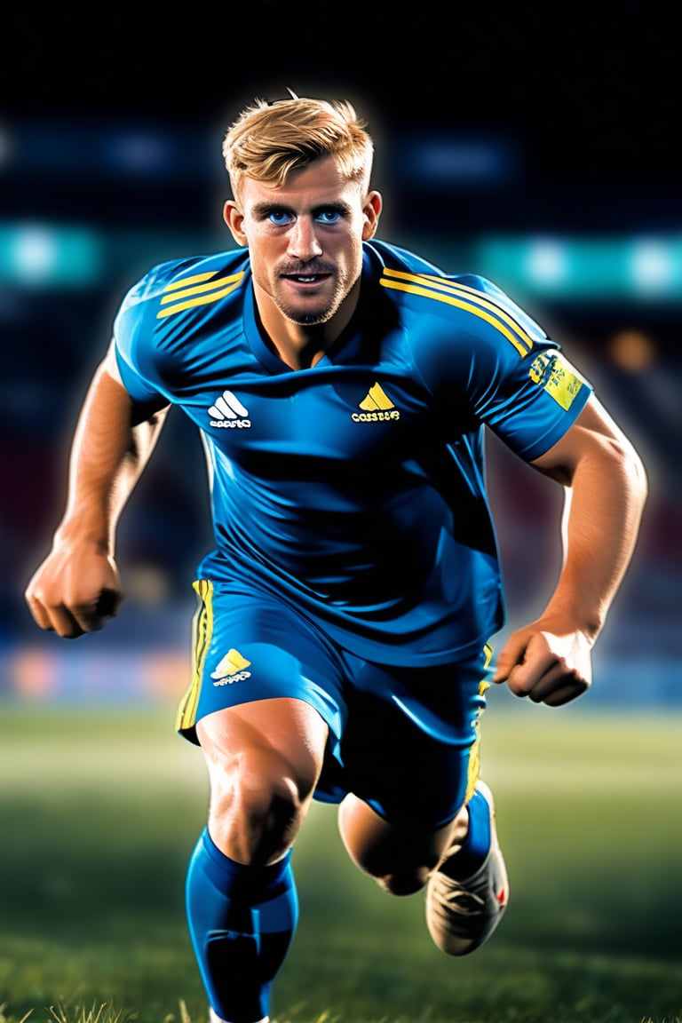 (realistic, masterpiece, high quality, best quality), 1man, English, rugby player,  (((running on the field hile focused))), ((dynamic )), at the stadium, ((realistic, photo, fix realistic intricate real male head hair skin nose eyes mouth facialhair)), blue eyes, real blond hair , ((highres, uhd(, colorful, depth of field, new, newest),ollie