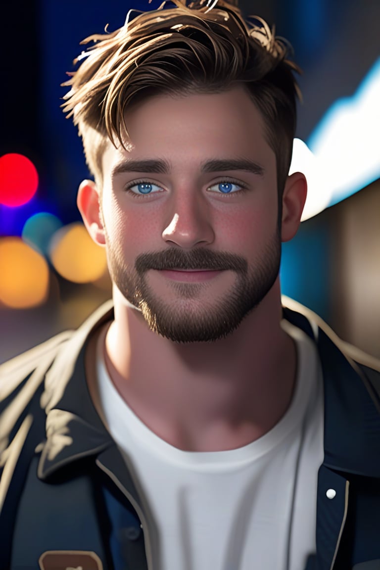 (masterpiece, only realistic, best quality), absurdrealistic photo of ollie, english man, brown facial hair, plump, handsome, short hair, blue-eyes, tall, real matte skin, expressive eyes, punk jacket, long beard, undershirt, punk shirt, bandana, outdoors, night, depth of field, bokeh, exceptional realism realistic smooth clearn clean photo in uhd, high-res, high-definition, original, dynamic view, best photo portrait in the world, photorealistic,