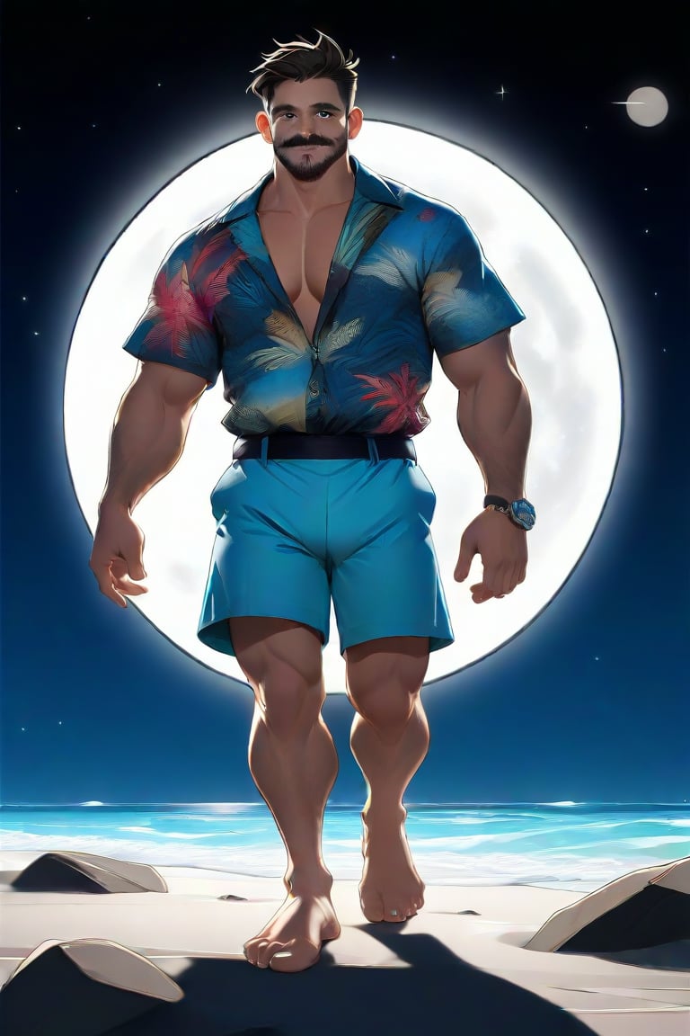 Ollie, a majestic figure, walks barefoot on the lunar surface, his robust physique evident despite his plump belly. His facial hair and piercing blue eyes gleam under the moon's radiant glow. A male Hawaiian shirt flows in the gentle breeze, adorned with vibrant patterns that seem to dance across his torso. Short, spiky hair frames his chiseled features, while large arms and hands, ending in sturdy fingers, propel him forward. As he takes each step, his mustache twitches, betraying a subtle smile beneath his blushing cheeks. The anime illustration bursts with matte, vibrant colors, transporting the viewer to a realm of wonder.