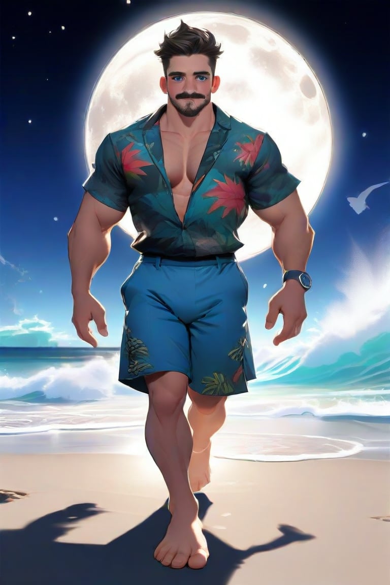 Ollie, a majestic figure, walks barefoot on the lunar surface, his robust physique evident despite his plump belly. His facial hair and piercing blue eyes gleam under the moon's radiant glow. A male Hawaiian shirt flows in the gentle breeze, adorned with vibrant patterns that seem to dance across his torso. Short, spiky hair frames his chiseled features, while large arms and hands, ending in sturdy fingers, propel him forward. As he takes each step, his mustache twitches, betraying a subtle smile beneath his blushing cheeks. The anime illustration bursts with matte, vibrant colors, transporting the viewer to a realm of wonder.