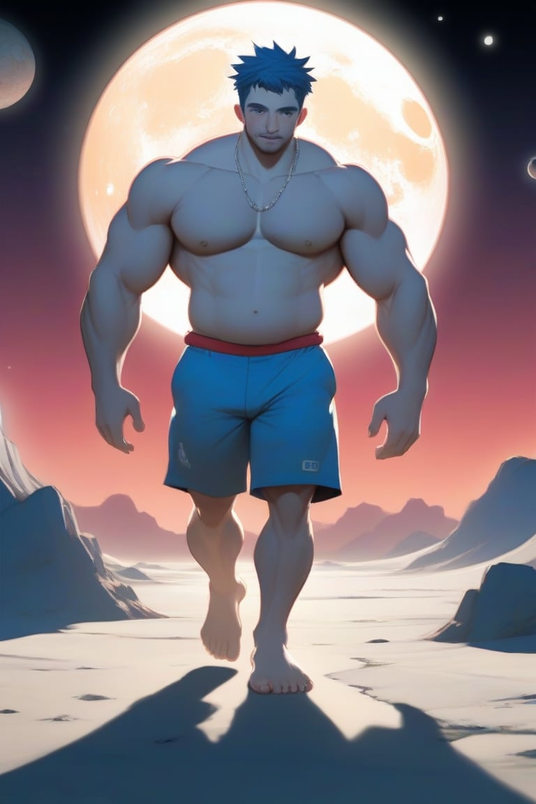 Ollie's Lunar Odyssey: A semi-realistic anime illustration depicting Ollie, a tall and muscular individual with a plump belly, short blue hair, and large arms and hands. He walks barefoot on the moon's surface, surrounded by vibrant, matte colors. The composition showcases Ollie's dynamic pose, with his feet splayed wide apart as he strides confidently across the lunar landscape.