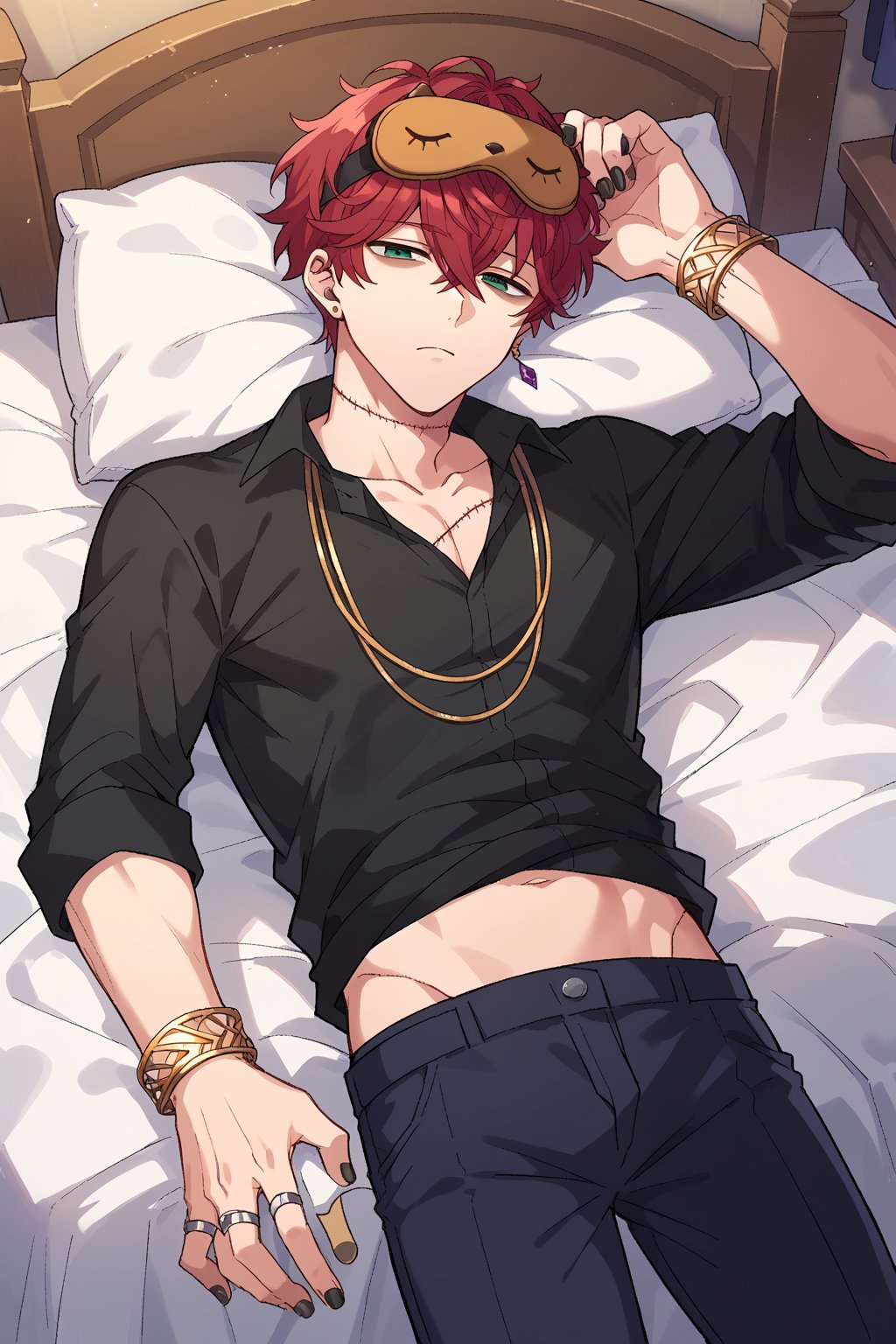 score_9, score_8_up, score_7_up, score_6_up, score_5_up, score_4_up, source_anime, 1boy, male focus, mithra, red hair, hair between eyes, green eyes, bags under eyes, stitches, lying, on back, on bed, black shirt, rolled-up sleeves, necklace, bracelet, rings, earring, jewelry, pants, black nails, (sleep mask on head), looking at viewer, expressionless, indoors, mature male