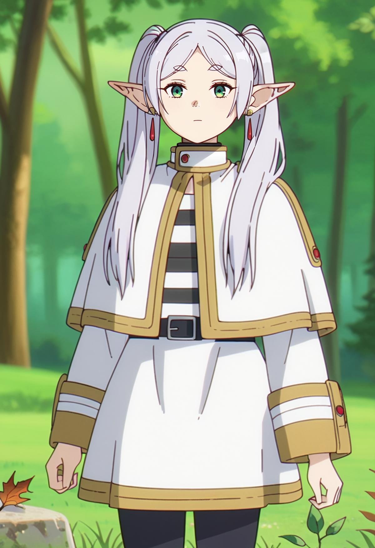 score_9, score_8_up, score_7_up,<lora:SousouNoFrieren_FrierenXL:0.9>, FrierenSSnF,1girl, solo, closed mouth,grey hair, long hair, green eyes, twintails, parted bangs, earrings, pointy ears, FrierenCasual, striped shirt, white capelet, black belt, white skirt, long sleeves, black pantyhose,standing, looking at the viewer,fantasy, medieval, photo background, forest, tree, moss, stream, stone, leaf, maple tree, grass, nature, blurry background