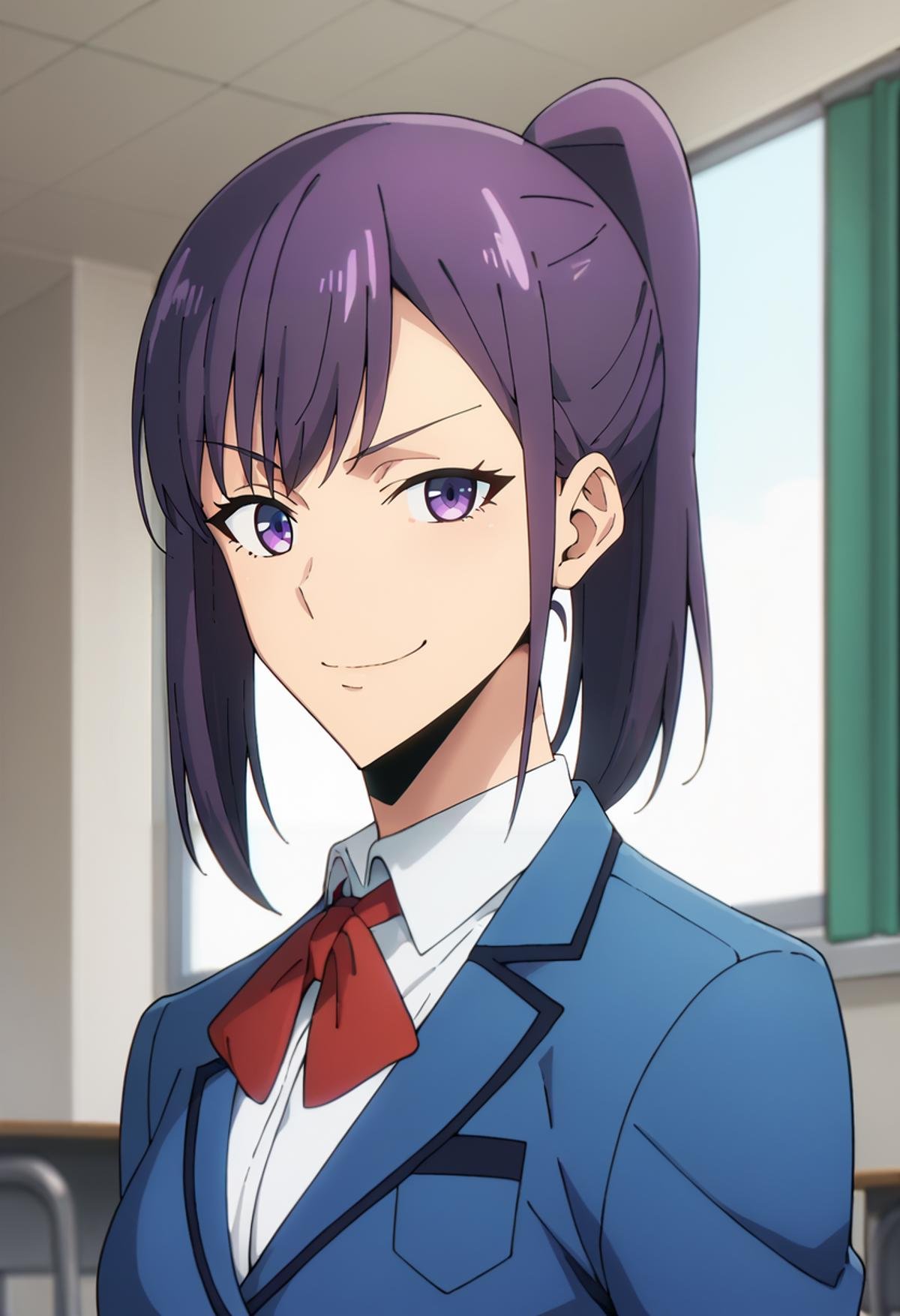 score_9, score_8_up, score_7_up,<lora:SoloLeveling_SungJinahXL:0.8>, SungJinahSL, 1girl, solo, closed mouth, smug, light smile,purple hair, purple eyes, ponytail,JinahSchool, blue blazer, red bowtie, collared shirt, white shirt,standing, looking at the viewer, portrait,indoors, classroom