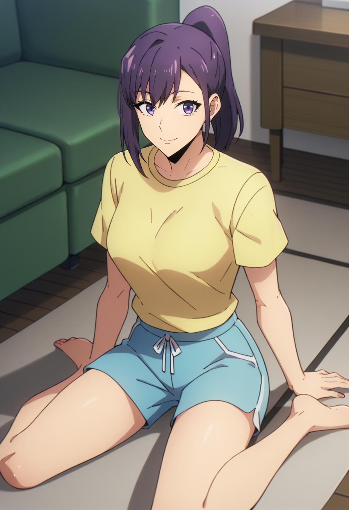 score_9, score_8_up, score_7_up,<lora:SoloLeveling_SungJinahXL:0.8>, SungJinahSL, 1girl, solo, closed mouth, light smile,purple hair, purple eyes, ponytail,JinahHome, yellow shirt, blue shorts, t-shirt,sitting, on floor, looking at the viewer,indoors, living room