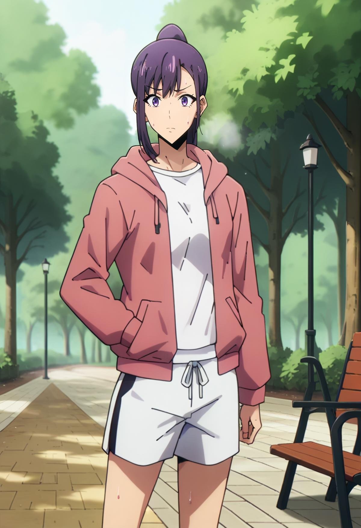 score_9, score_8_up, score_7_up,<lora:SoloLeveling_SungJinahXL:0.8>, SungJinahSL, 1girl, solo, closed mouth, sweat,purple hair, purple eyes, ponytail,JinahJogging, white shirt, white shorts, hooded jacket, pink jacket, black leggins,standing, looking at the viewer,outdoors, tree, forest, park