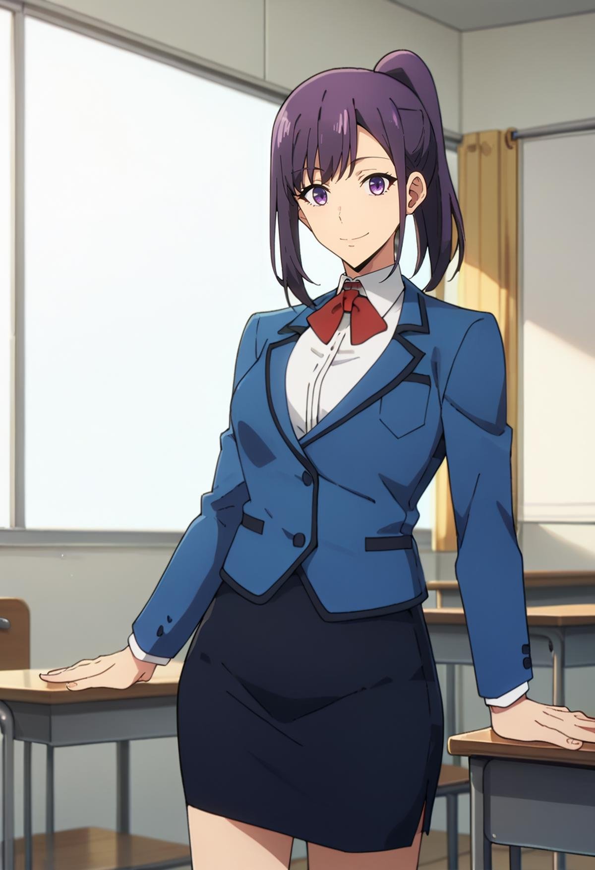 score_9, score_8_up, score_7_up,<lora:SoloLeveling_SungJinahXL:0.8>, SungJinahSL, 1girl, solo, closed mouth, light smile,purple hair, purple eyes, ponytail,JinahSchool, blue blazer, red bowtie, collared shirt, white shirt, pencil skirt, black skirt, standing, looking at the viewer,indoors, classroom