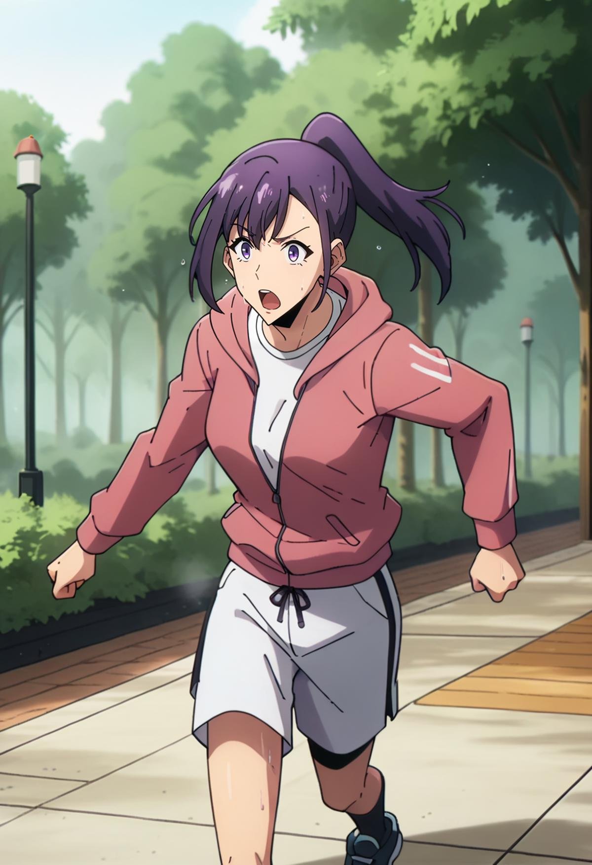 score_9, score_8_up, score_7_up,<lora:SoloLeveling_SungJinahXL:0.8>, SungJinahSL, 1girl, solo, open mouth, sweat,purple hair, purple eyes, ponytail,JinahJogging, white shirt, white shorts, hooded jacket, pink jacket, black leggins,running, looking at the viewer,outdoors, tree, forest, park