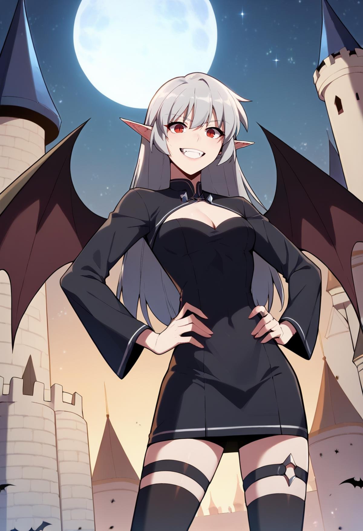 score_9, score_8_up, score_7_up,<lora:SoloMaxLevelNewbie_AliceXL:0.8>, AliceSMLN,1girl, solo, open mouth, grin,grey hair, long hair, red eyes, pointy ears,AliceVamp, black dress, long sleeves, cleavage cutout, thigh strap, black thighhighs, bat wings,standing, looking at the viewer, (facing viewer:1.2), hands on own hips,outdoors, dark, night, moon, starry sky, castle