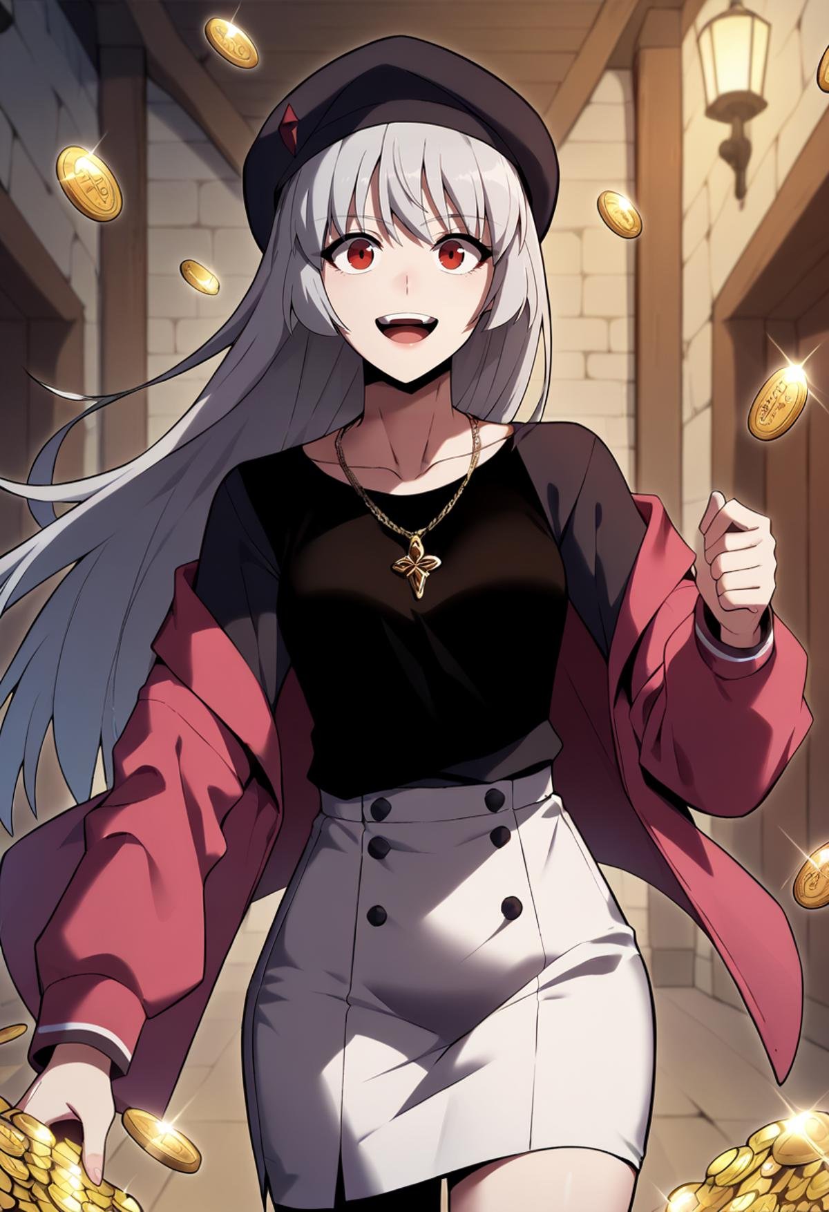 score_9, score_8_up, score_7_up,<lora:SoloMaxLevelNewbie_AliceXL:0.8>, AliceSMLN,1girl, solo, open mouth, light smile, upper teeth only,grey hair, long hair, red eyes,AliceTrendy, beret, black headwear, pink jacket, open jacket, black shirt, collarbone, necklace, white skirt, pencil skirt,walking, looking at the viewer,indoors, dungeon, gold, gold coin, blurry background