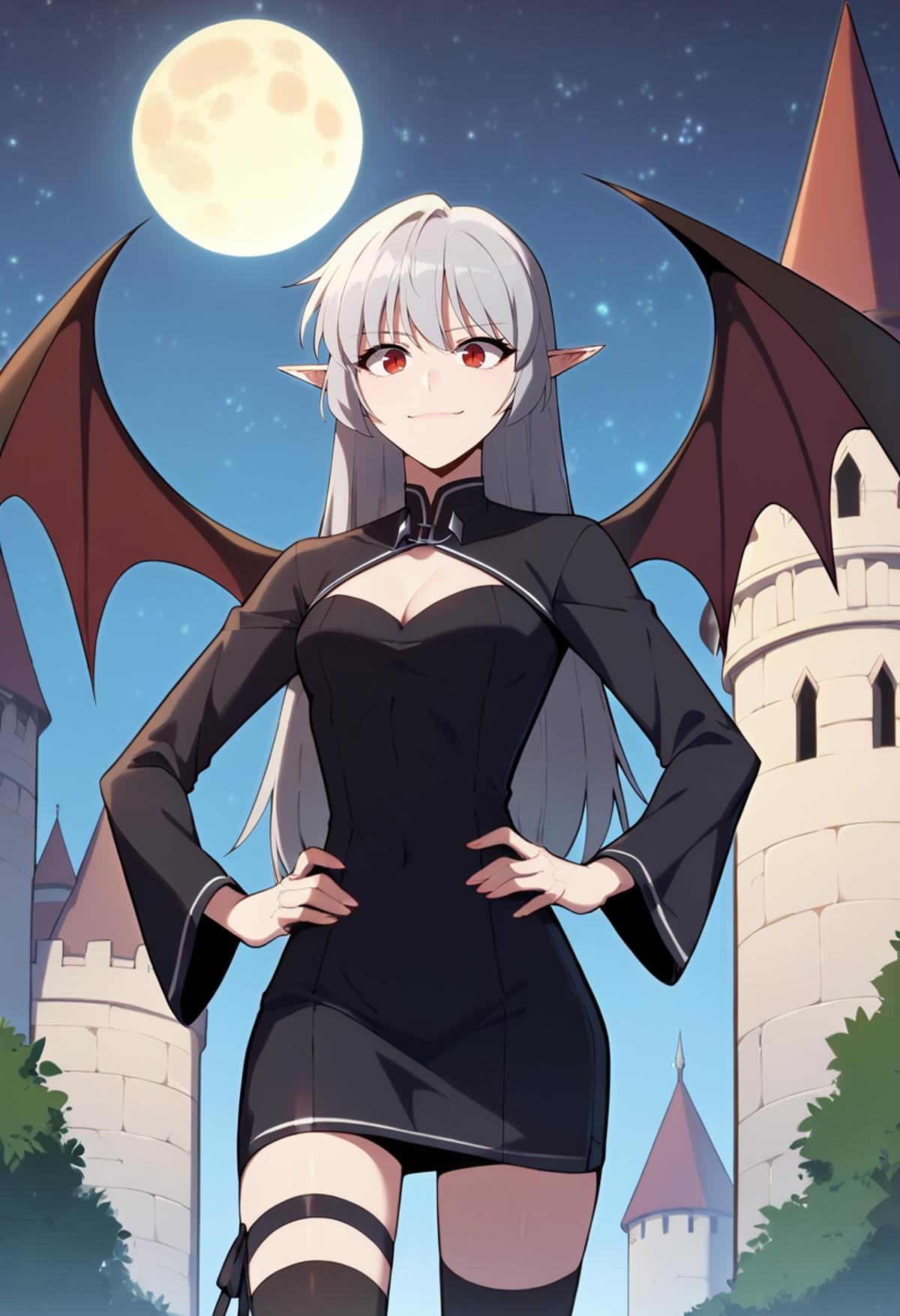 score_9, score_8_up, score_7_up,<lora:SoloMaxLevelNewbie_AliceXL:0.8>, AliceSMLN,1girl, solo, closed mouth, light smile,grey hair, long hair, red eyes, pointy ears,AliceVamp, black dress, long sleeves, cleavage cutout, thigh strap, black thighhighs, bat wings,standing, looking at the viewer, (facing viewer:1.2), hands on own hips,outdoors, dark, night, moon, starry sky, castle