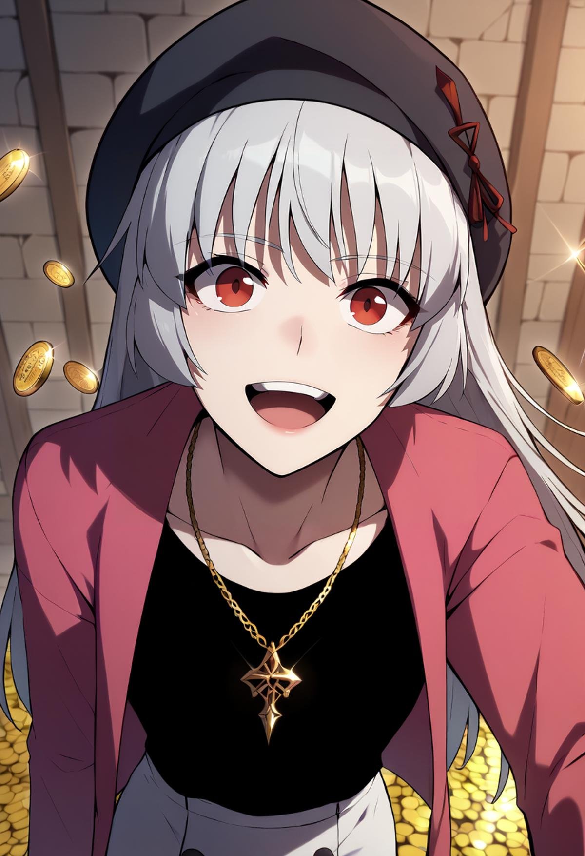 score_9, score_8_up, score_7_up,<lora:SoloMaxLevelNewbie_AliceXL:0.8>, AliceSMLN,1girl, solo, open mouth, light smile, upper teeth only,grey hair, long hair, red eyes,AliceTrendy, beret, black headwear, pink jacket, open jacket, black shirt, collarbone, necklace, white skirt, pencil skirt,walking, looking at the viewer,indoors, dungeon, gold, gold coin, blurry background