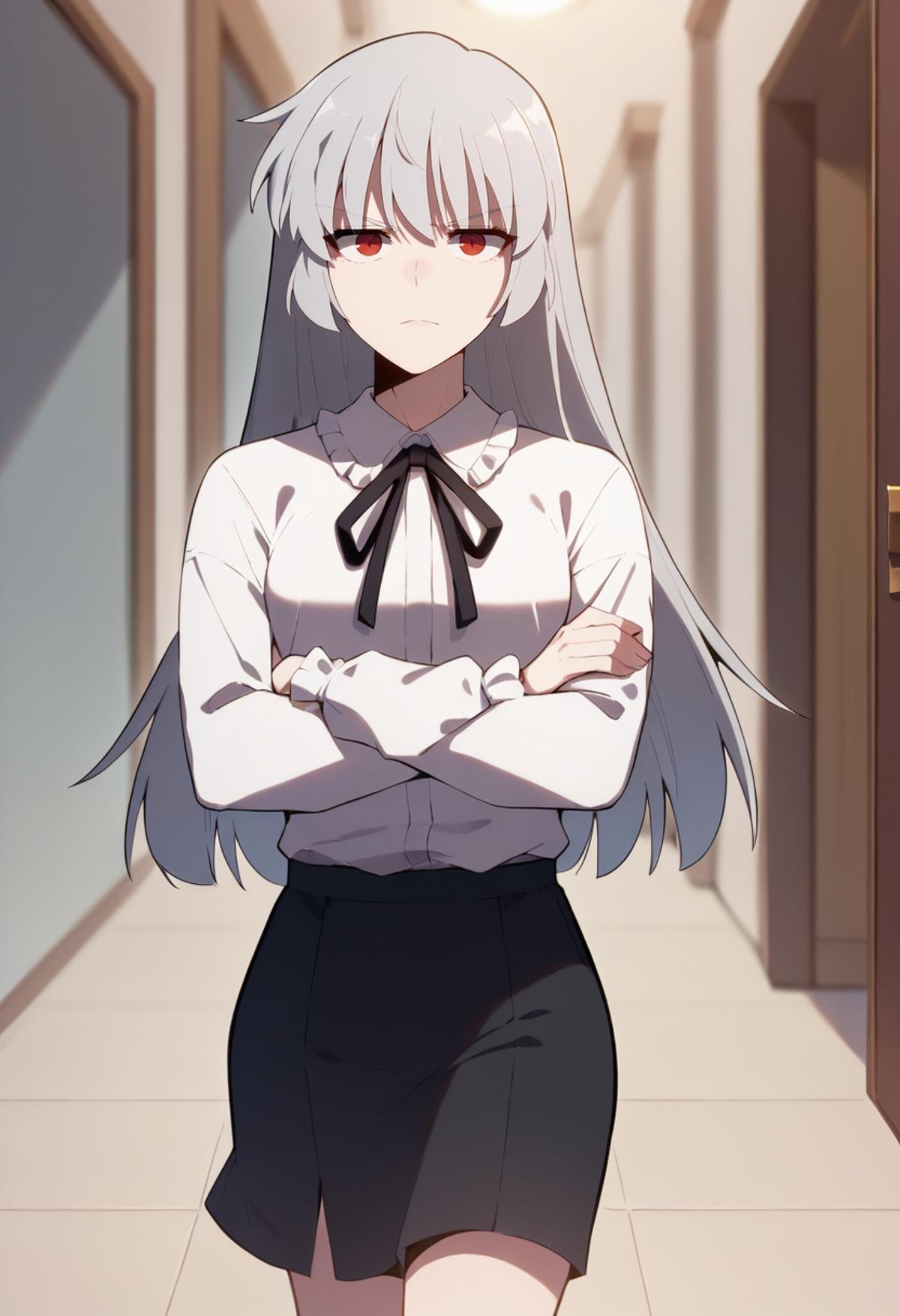 score_9, score_8_up, score_7_up,<lora:SoloMaxLevelNewbie_AliceXL:0.8>, AliceSMLN,1girl, solo, closed mouth,grey hair, long hair, red eyes,AliceNice, white shirt, frilled collar, black ribbon, black skirt, walking, looking at the viewer, crossed arms,indoors, blurry background