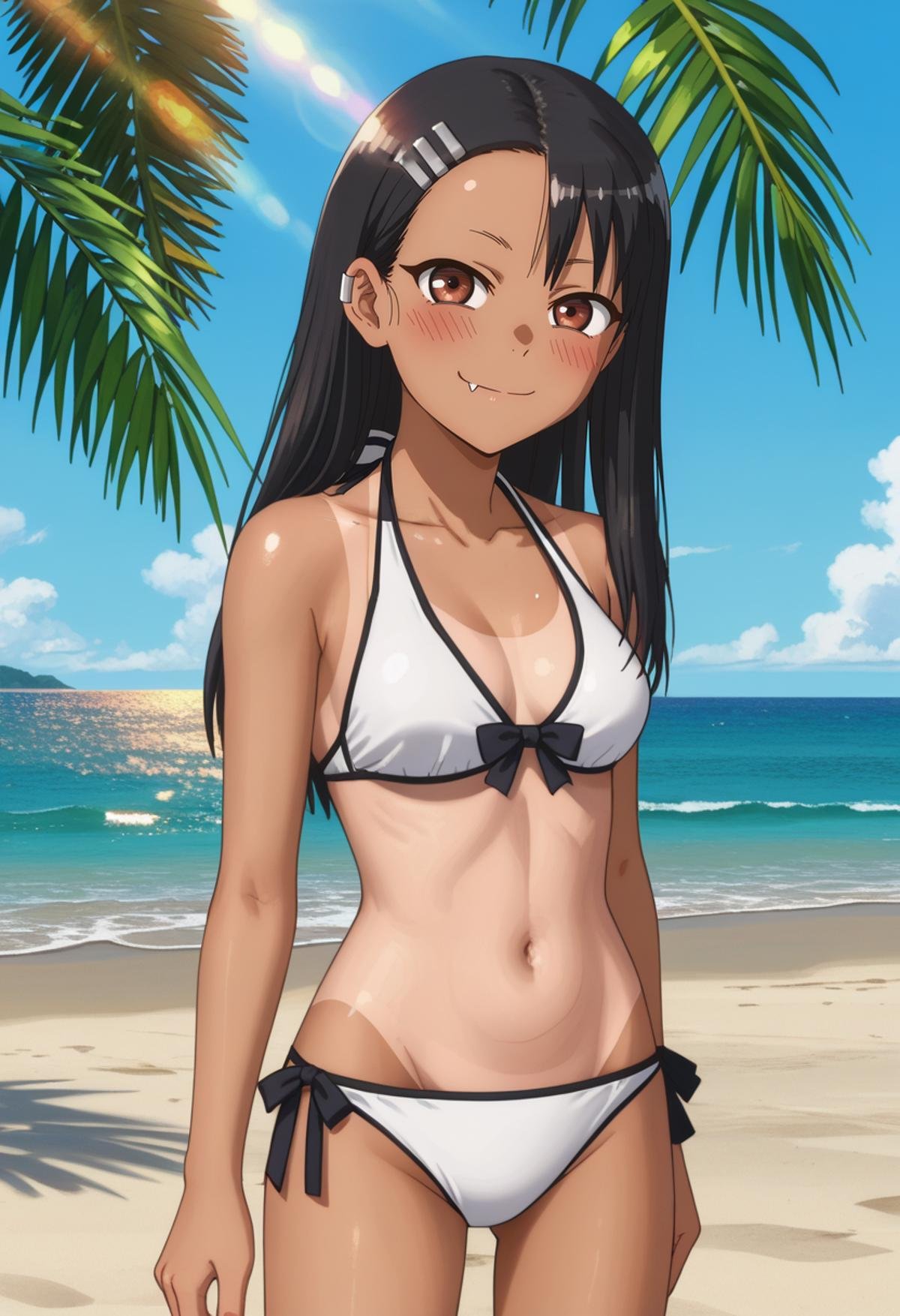 score_7_up, anime screencap,<lora:IjiranaideNagatoro_NagatoroXL:0.8>, Nagatoro,1girl, solo, closed mouth, light smile, skin fang, light blush,dark skin, long hair, black hair, asymmetrical bangs, brown eyes, hairclip, earclip, NagatoroBikini, tanlines, halterneck, white bikini, bow bikini, black bow, side-tie bikini bottom,standing, looking at viewer, thigh gap,horizon, beach, palm tree, lens flare, evening