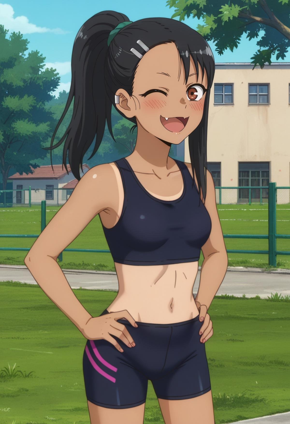 score_7_up, anime screencap,<lora:IjiranaideNagatoro_NagatoroXL:0.8>, Nagatoro,1girl, solo, open mouth, smirk, skin fang, one eye closed,dark skin, long hair, black hair, ponytail, asymmetrical hair, brown eyes, hairclip, earclip,NagatoroJogging, sports bra, print shorts, bike shorts, tanlines,standing, looking at viewer, hands on own hips,tree, grass, building, fence