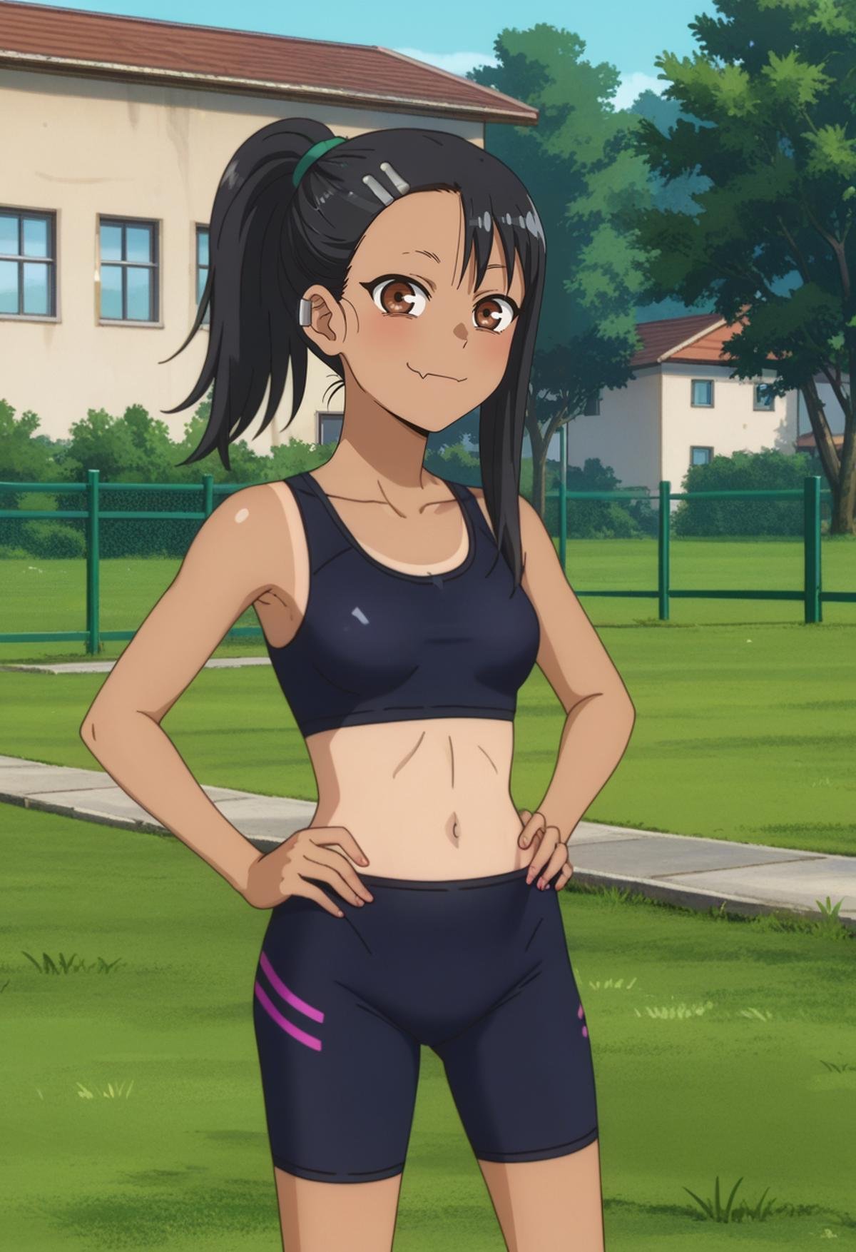 score_7_up, anime screencap,<lora:IjiranaideNagatoro_NagatoroXL:0.8>, Nagatoro,1girl, solo, closed mouth, light smile, skin fang,dark skin, long hair, black hair, ponytail, asymmetrical hair, brown eyes, hairclip, earclip,NagatoroJogging, sports bra, print shorts, bike shorts, tanlines,standing, looking at viewer, hands on own hips,tree, grass, building, fence