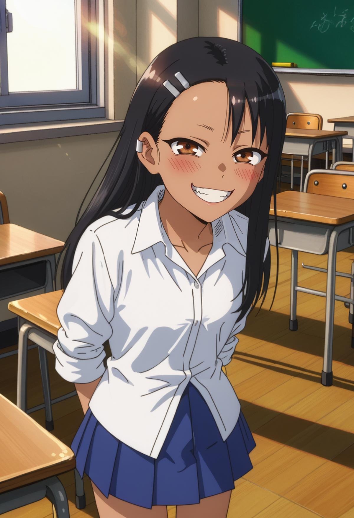 score_7_up, anime screencap,<lora:IjiranaideNagatoro_NagatoroXL:0.8>, Nagatoro, NagatoroStyle,1girl, solo, open mouth, grin, teeth, light blush,dark skin, long hair, multicolored hair, black hair, asymmetrical bangs, half-closed eyes, brown eyes, hairclip, earclip, NagatoroSchool, dress shirt, white shirt, pleated skirt, blue skirt, sleeves rolled up,standing, looking at viewer, thigh gap, arms behind back,indoors, classroom, lens flare, evening