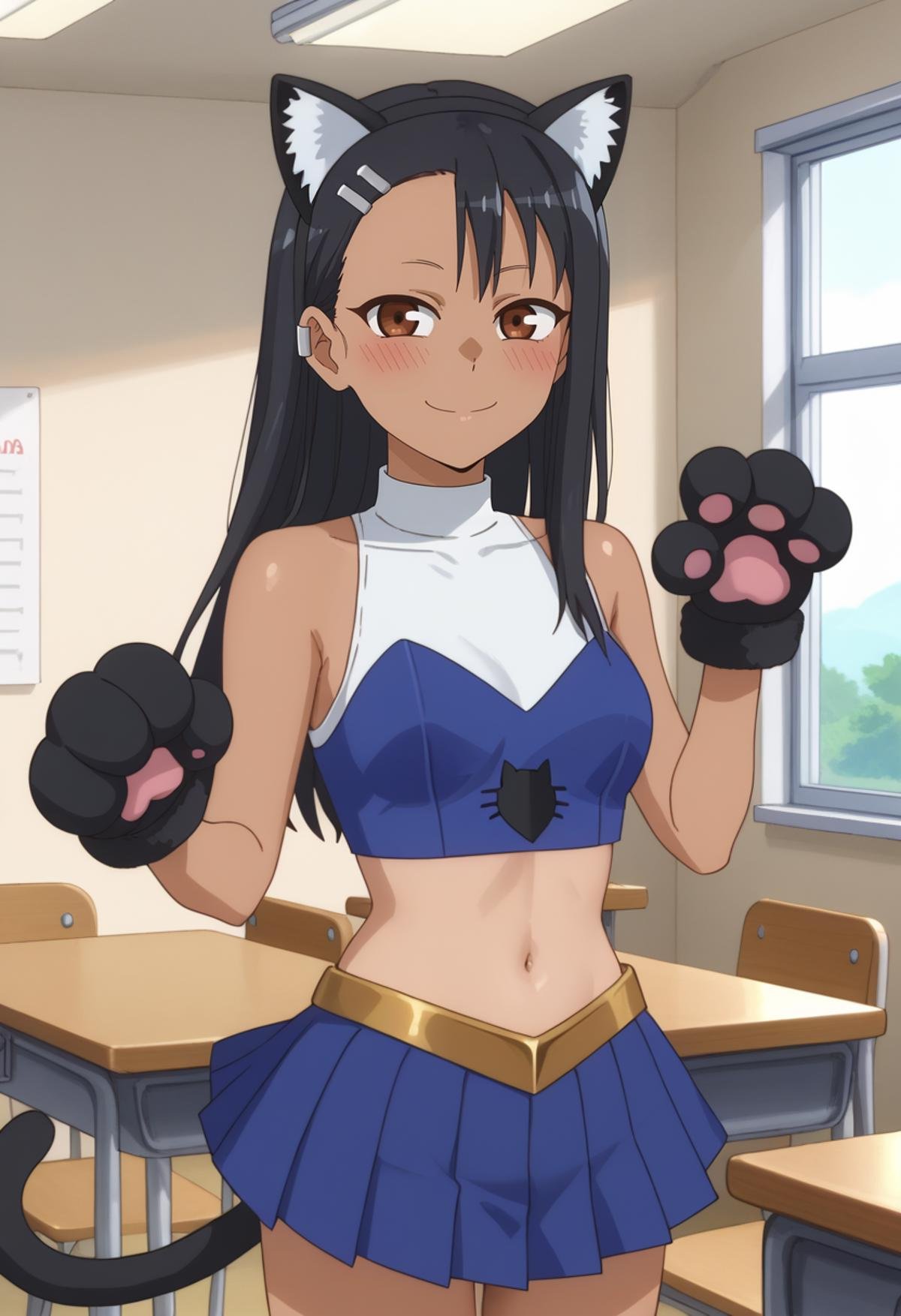 score_7_up, anime screencap,<lora:IjiranaideNagatoro_NagatoroXL:0.8>, Nagatoro,1girl, solo, closed mouth, light blush, light smile,dark skin, long hair, black hair, asymmetrical bangs, brown eyes, hairclip, earclip, fake animal ears, black hairband,Nekotaro, crop top, sleeveless shirt, blue shirt, white shirt, navel, gold trim, pleated skirt, blue skirt, paw gloves, cat tail, standing, looking at viewer, thigh gap,indoors, classroom