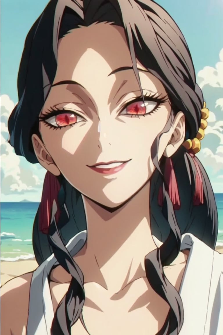 score_9,score_8_up,score_7_up, anime screencap, on the beach, 1 mature Female muzan,Black hair  , looking-at-viewer, beautiful_eyes , red eyes , with a bow behind, loose locks, smiling 