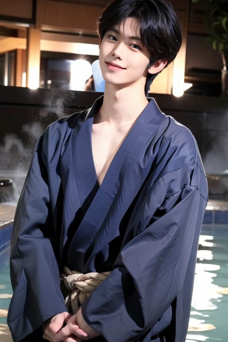 score_9, score_8_up, score_7_up,  1boy,  handsome 20yo, Asian boy, black hair, darkblue eyes, open sleeve kimono, flushed, blushed, smile  japanese, realistic, hot spring.,Hujie