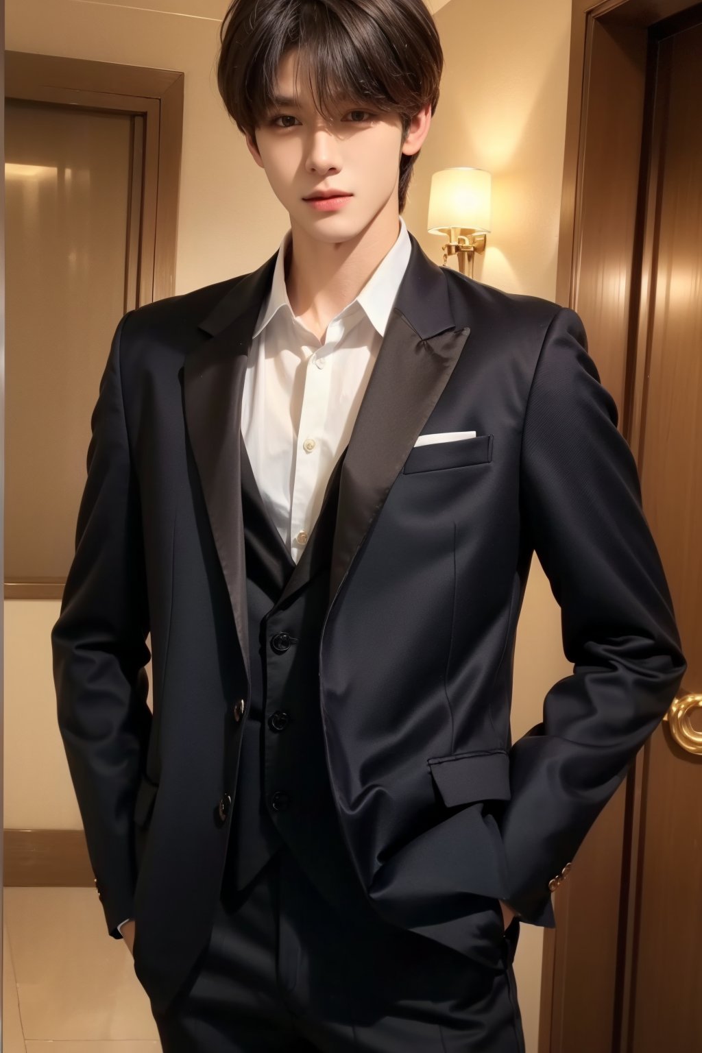 busty and handsome boy, 8k, masterpiece, ultra-realistic, best quality, high resolution, high definition,suit,Hujie