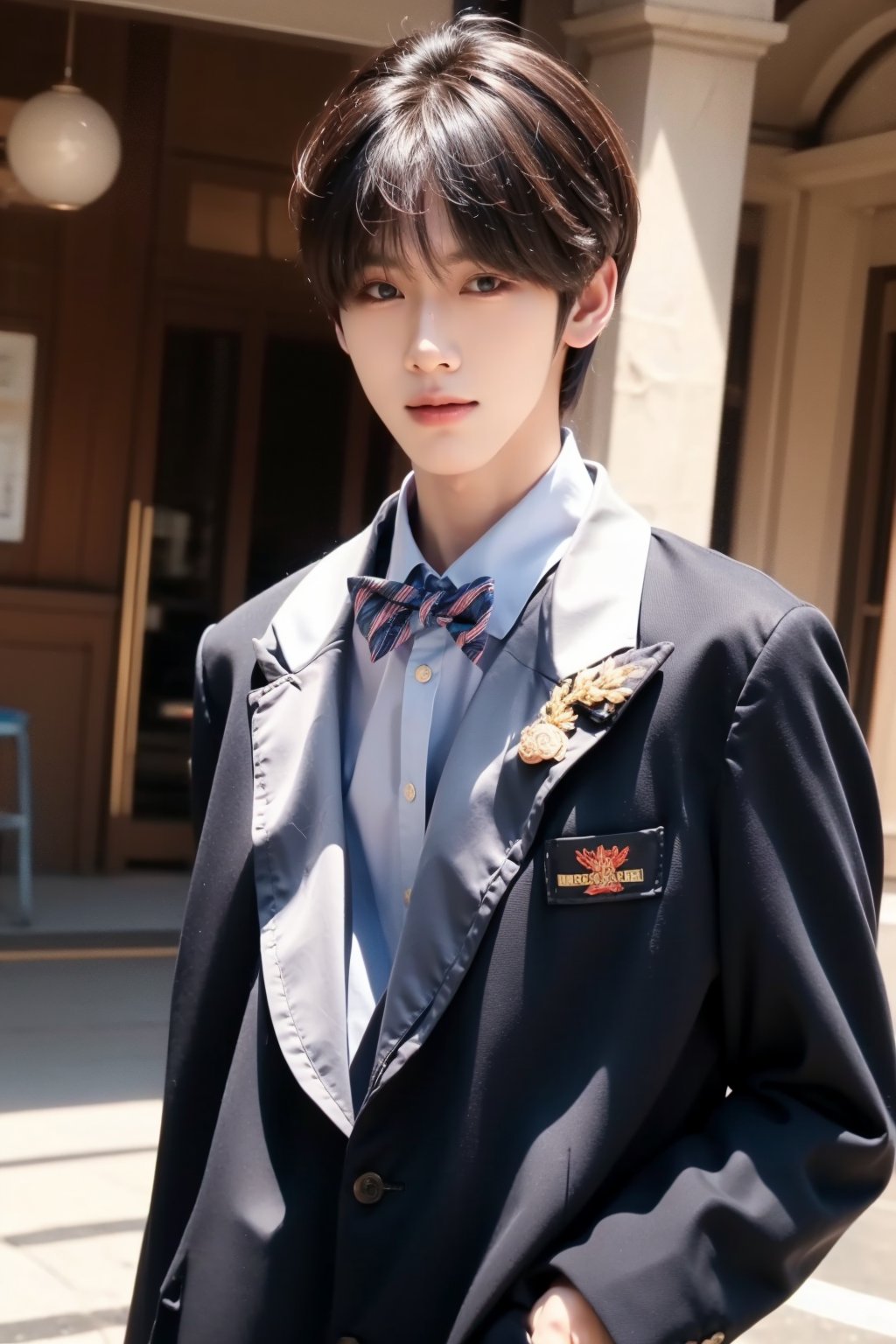 busty and handsome boy, 8k, masterpiece, ultra-realistic, best quality, high resolution, high definition, 1boy, school uniform, school boy,Hujie