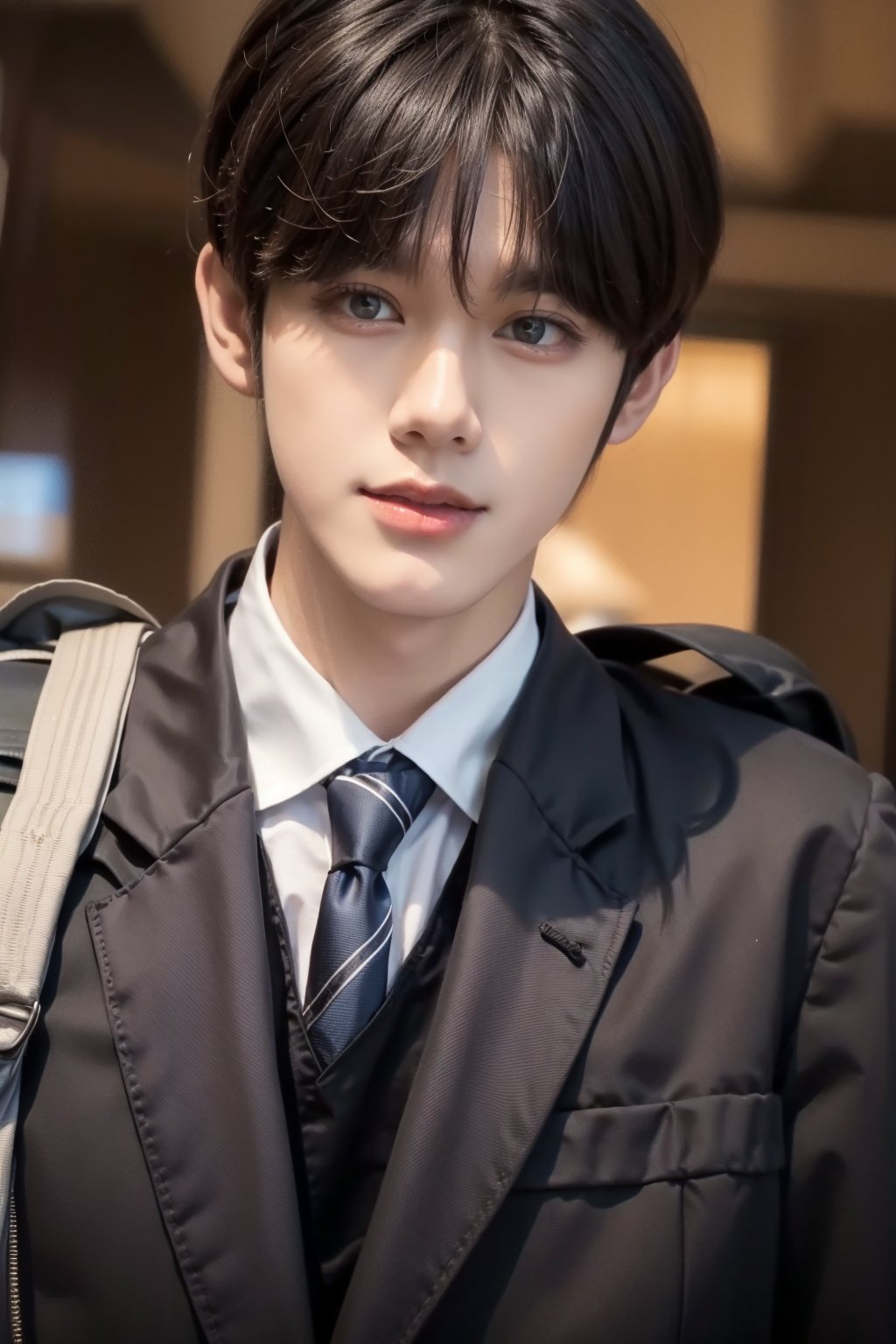 busty and handsome boy, 8k, masterpiece, ultra-realistic, best quality, high resolution, high definition, 1boy, school uniform, school boy, backpack,Hujie