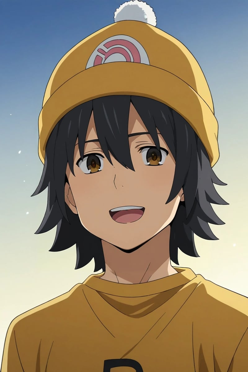 score_9, score_8_up, score_7_up, source_anime, rating_safe, intricate details, semi-realistic, , , 1boy, solo, male focus, <lora:jinta_yadomi_pony:0.9>, jinta_yadomi, black hair, brown eyes, short hair, hair between eyes, from below, snowy field, dawn, standing, laughing, , bobble hat, <lora:sdxl_lightning_8step_lora:1>