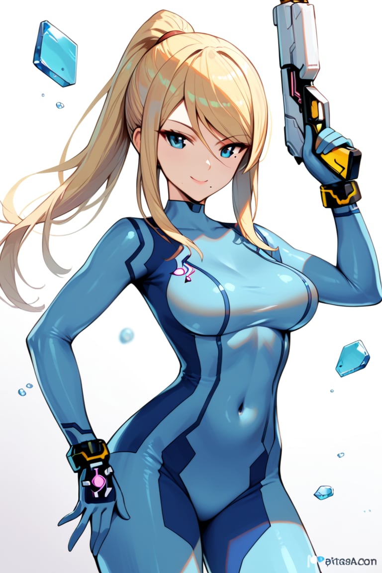 Holding gun , Smile , 
BREAK , 
score_9, score_8_up, score_7_up, score_6, score_5, score_4, ( masterpiece , ultra Detailed   ) ,samus aran,zero suit