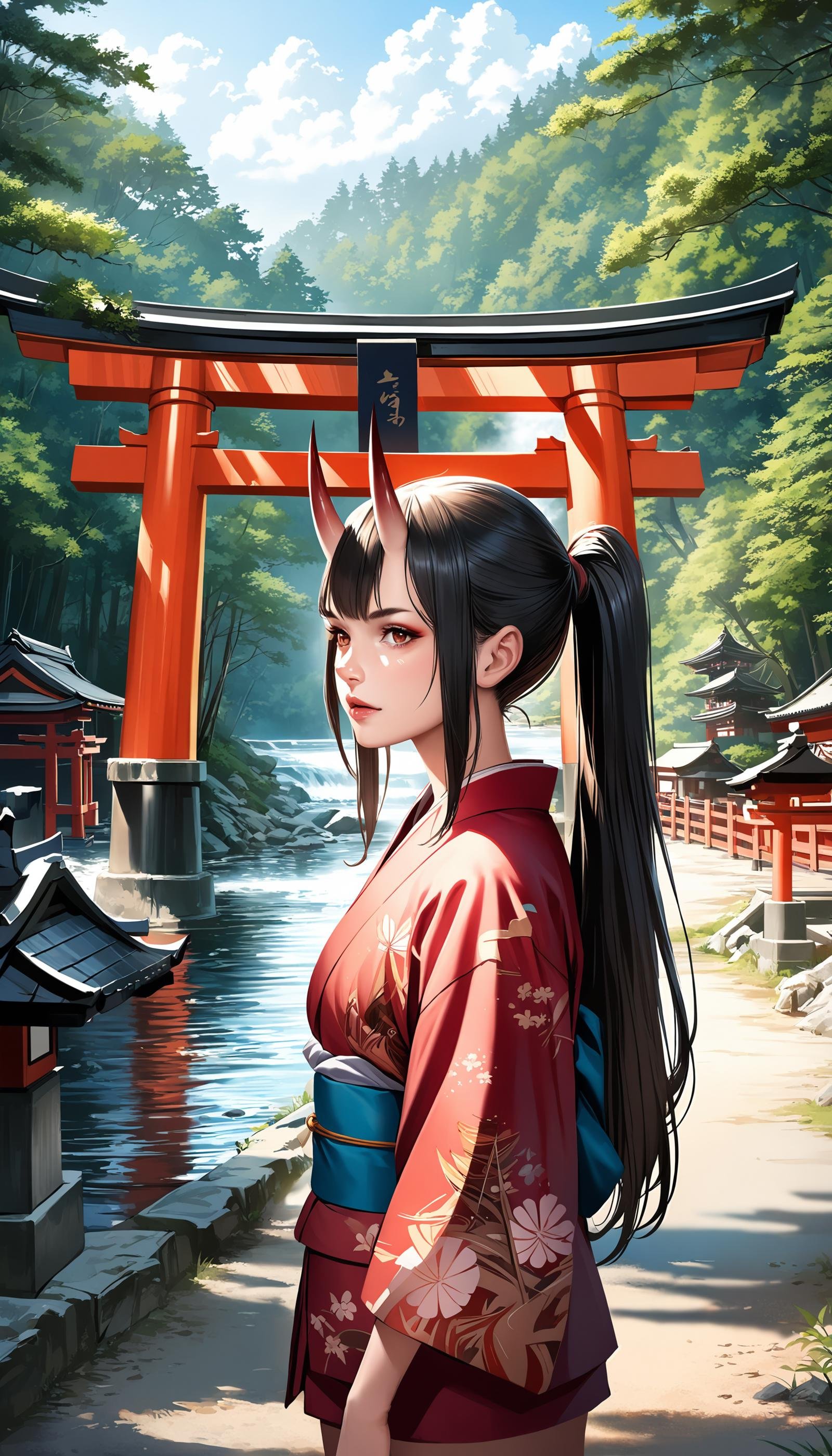 realistic,illustration, depth of field, intense shadow, oni, oni horns, 1girl, solo, kimono, ponytail, long hair, black hair, miniskirt, river, forest, shrine, torii, cloud,