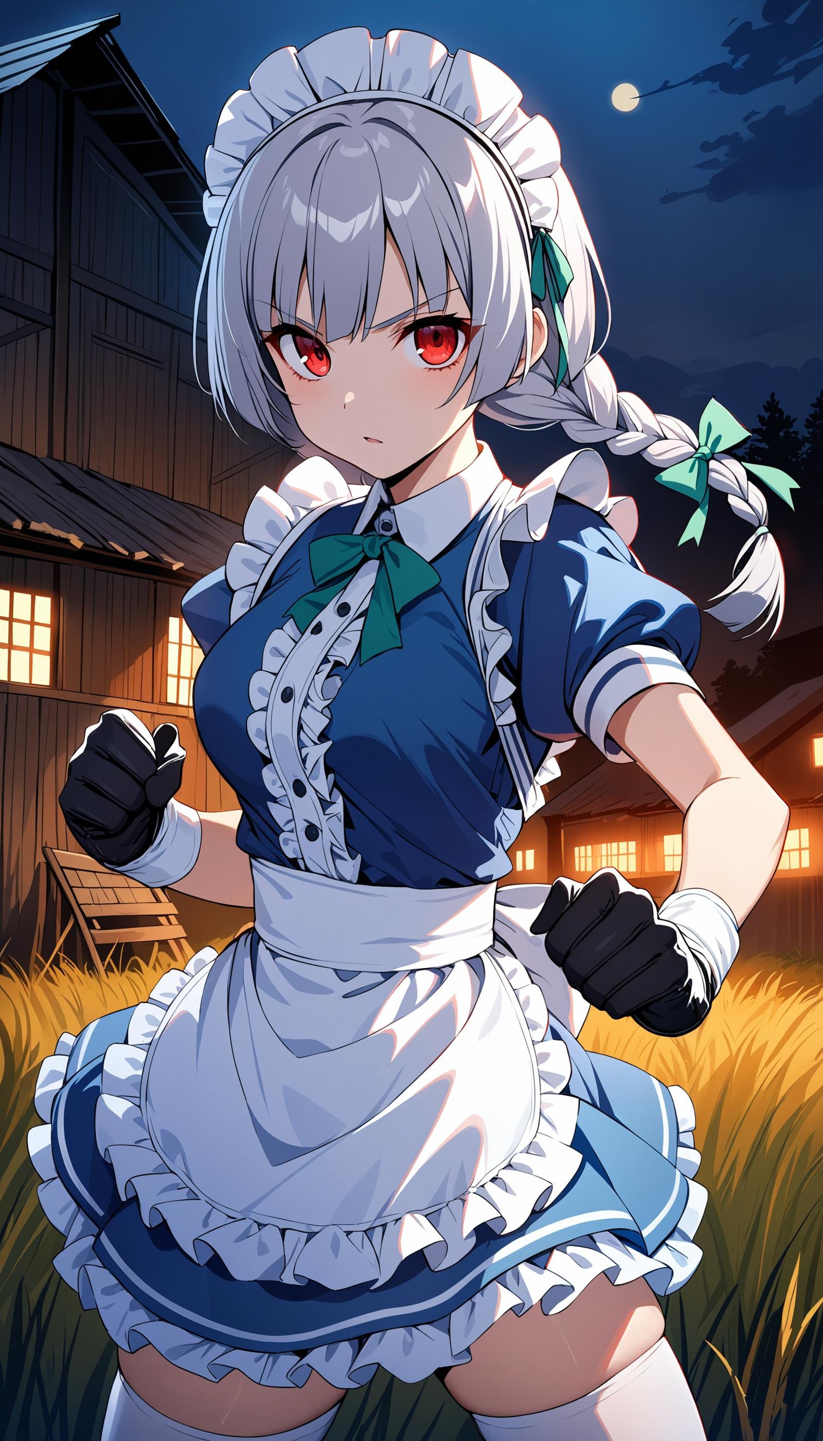 izayoi sakuya, green bow, maid headdress, thighhighs, ribbon, hair bow, waist apron, twin braids, red eyes, puffy sleeves, maid, blue dress, white hair, frills, gloves, short hair, puffy short sleeves, grey hair, bangs muay thai, fighting stance BREAK countryside, fields, barn, evening, hazy, rural, charming, (darkness:1.3), night, spooky, horror \\(theme\\), masterpiece, best quality