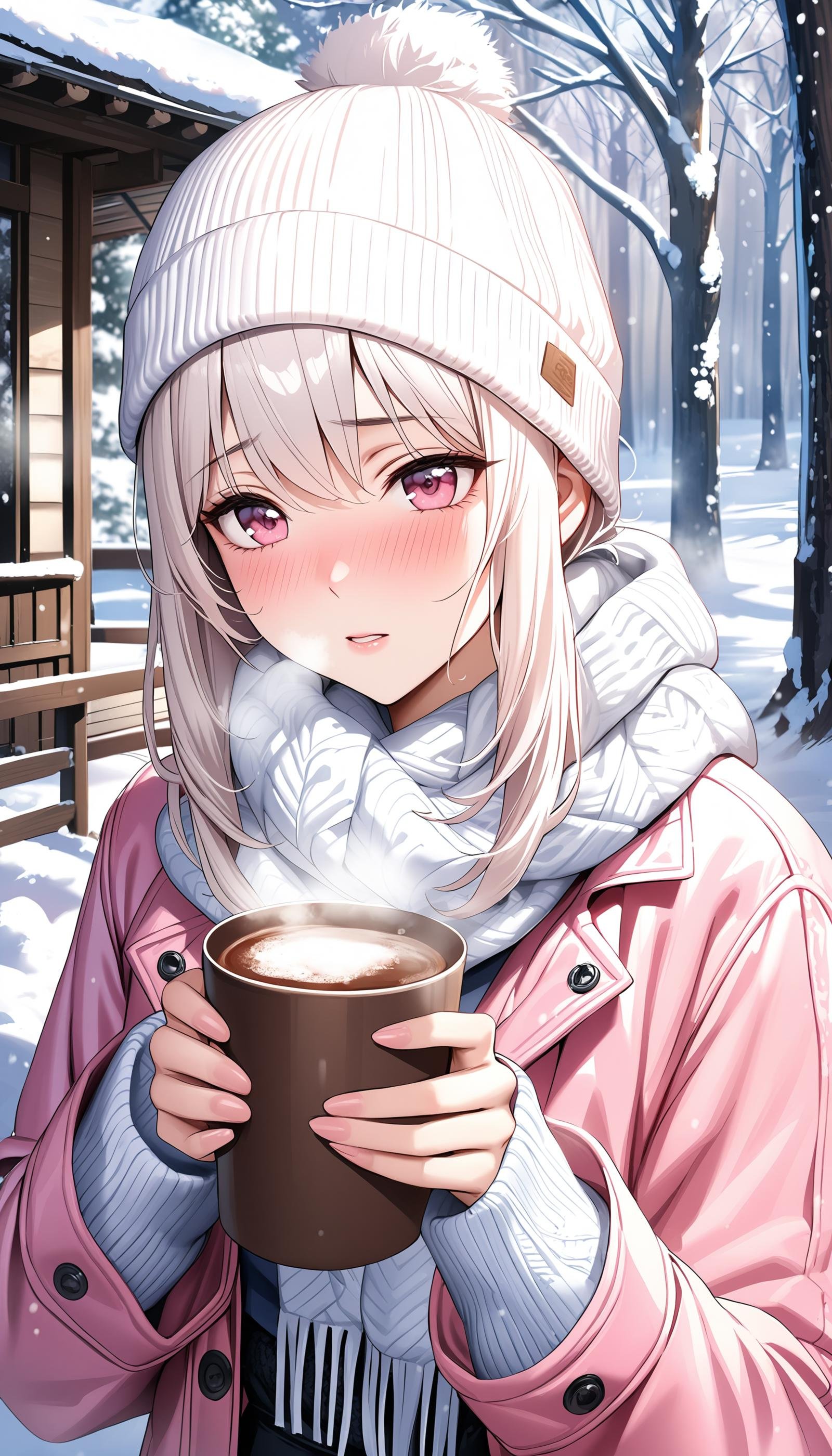 realistic1girl, white hair, short hair with long locks, pink eyes, pink jacket, black pants, white beanie, white scarf, cold, breath, nose blush, outdoors, snow, holding steaming hot cocoa, snowing, nature, snow covered tree, masterpiece, best quality