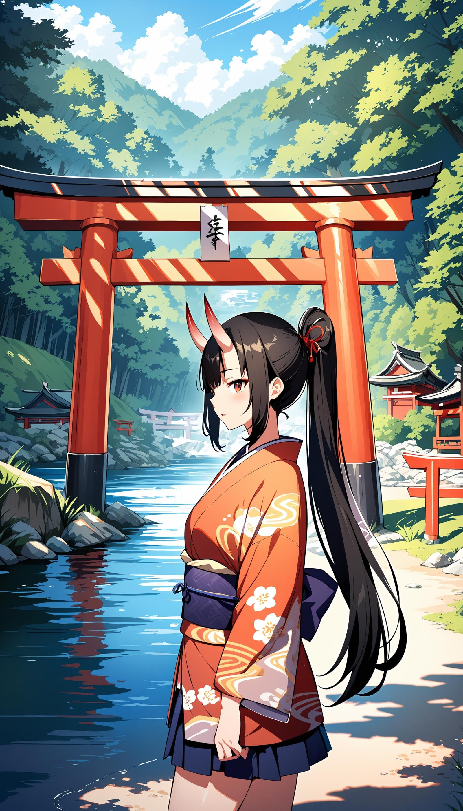 illustration, depth of field, intense shadow, oni, oni horns, 1girl, solo, kimono, ponytail, long hair, black hair, miniskirt, river, forest, shrine, torii, cloud,