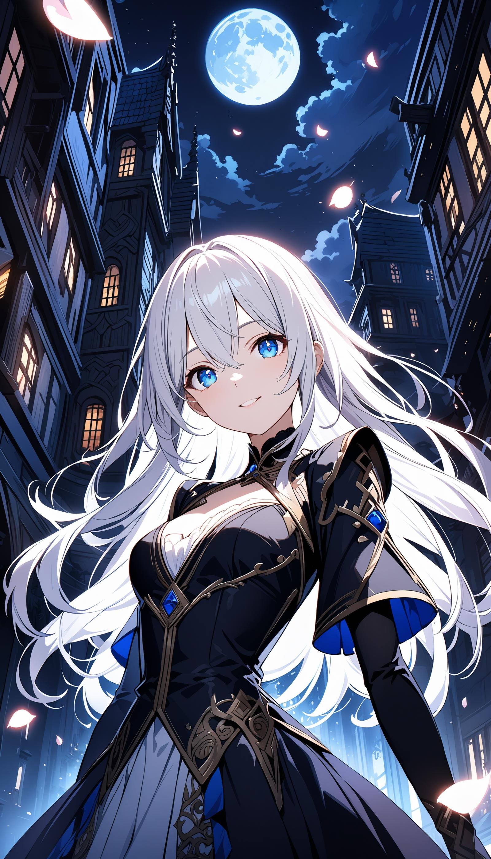 masterpiece, best quality, 1girl, (colorful),(finely detailed beautiful eyes and detailed face),cinematic lighting,bust shot,extremely detailed CG unity 8k wallpaper,white hair,solo,smile,intricate skirt,((flying petal)), sky, cloudy_sky, building, moonlight, moon, night, (dark theme:1.3), light, fantasy,