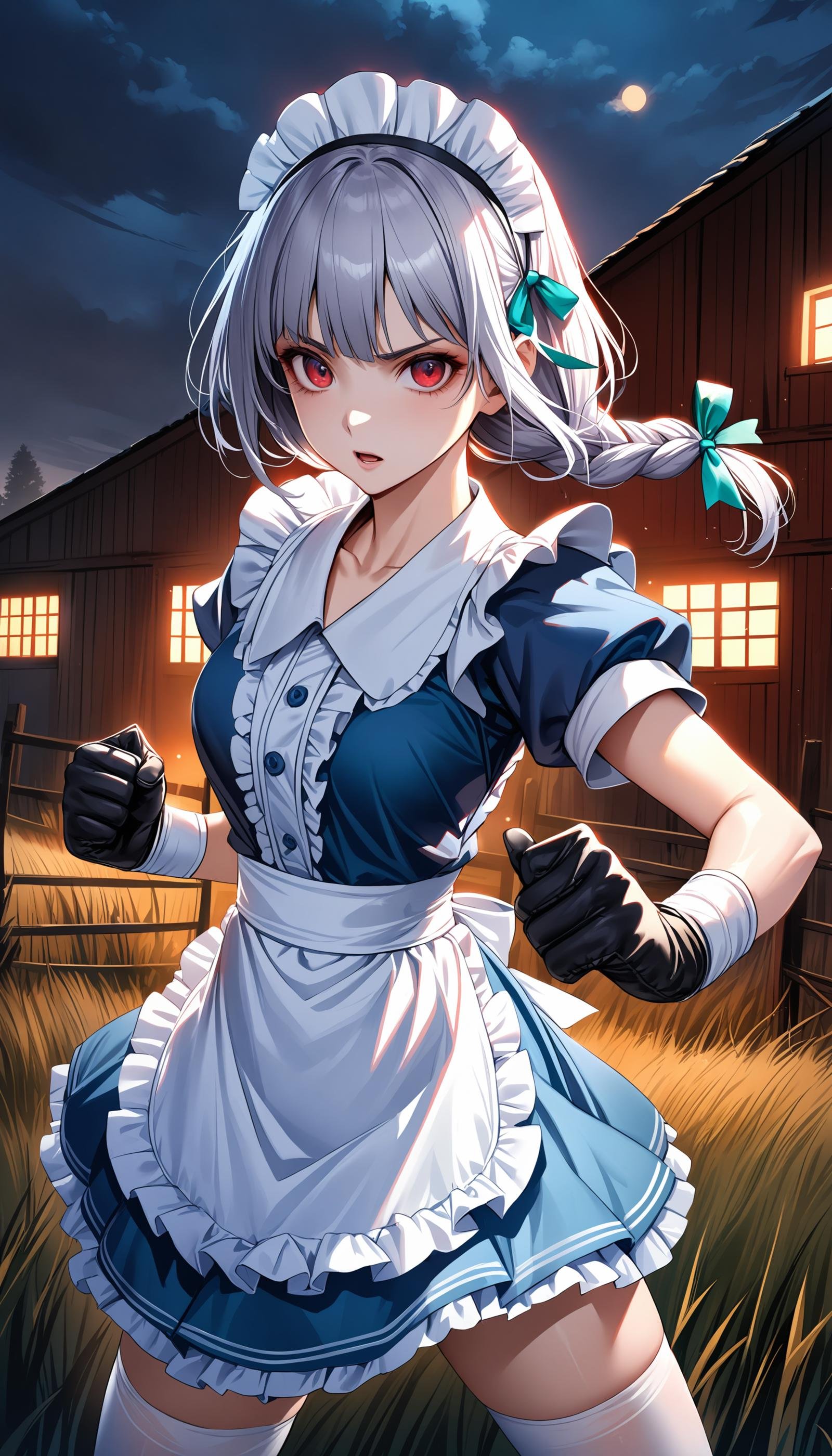 realisticizayoi sakuya, green bow, maid headdress, thighhighs, ribbon, hair bow, waist apron, twin braids, red eyes, puffy sleeves, maid, blue dress, white hair, frills, gloves, short hair, puffy short sleeves, grey hair, bangs muay thai, fighting stance BREAK countryside, fields, barn, evening, hazy, rural, charming, (darkness:1.3), night, spooky, horror \\(theme\\), masterpiece, best quality