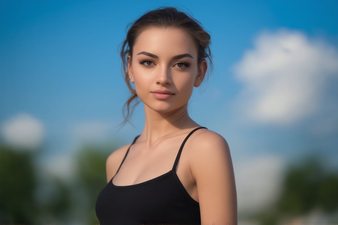 Byzantine girl with blue sky and white clouds background, sexy outfit, upper body, front view, (Masterpiece, Top Quality, Top Image Quality, Official Art, Aesthetic and Beautiful: 1.2), (1girl: 1.4), beautiful white skin, shining dark brown eyes, clear eyes, running nose, smiling face, portrait, extreme color, best Fine Detail, Simple Background, 16K, High Resolution, Perfect Dynamic Composition, Bokeh, (Sharp Focus:1.2), Super Wide Angle, High Angle, High Color Contrast, Medium Shot, Depth of Field, Background Blur,,itacstl,noc-portrait