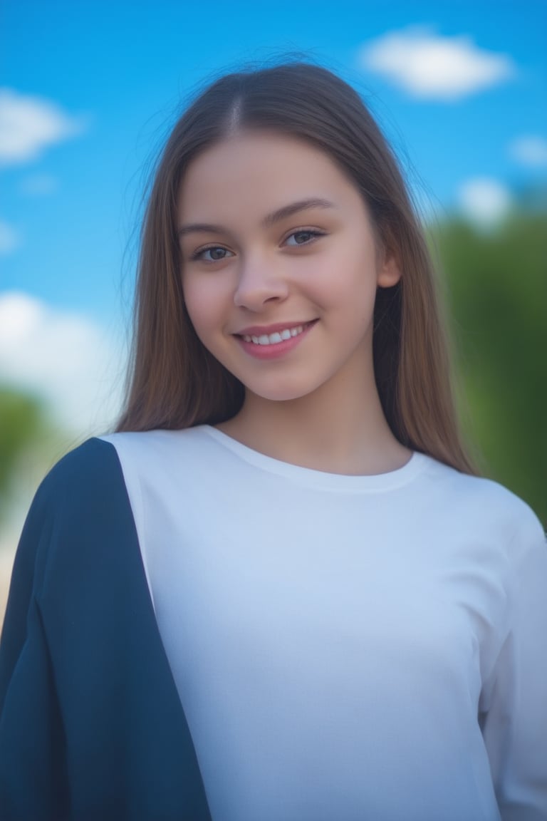 Byzantine girl with blue sky and white clouds background, sexy outfit, upper body, front view, (Masterpiece, Top Quality, Top Image Quality, Official Art, Aesthetic and Beautiful:1.2), (1girl:1.4), white beautiful skin, smiling face, portrait, extreme color, highest definition, simple background, 16K, high resolution Perfect Dynamic Composition, Bokeh, (Sharp Focus:1.2), Ultra Wide Angle, High Angle, High Color Contrast, Medium Shot, Depth of Field, Background Blur,,itacstl,poakl girl,Realistic Enhance,noc-portrait