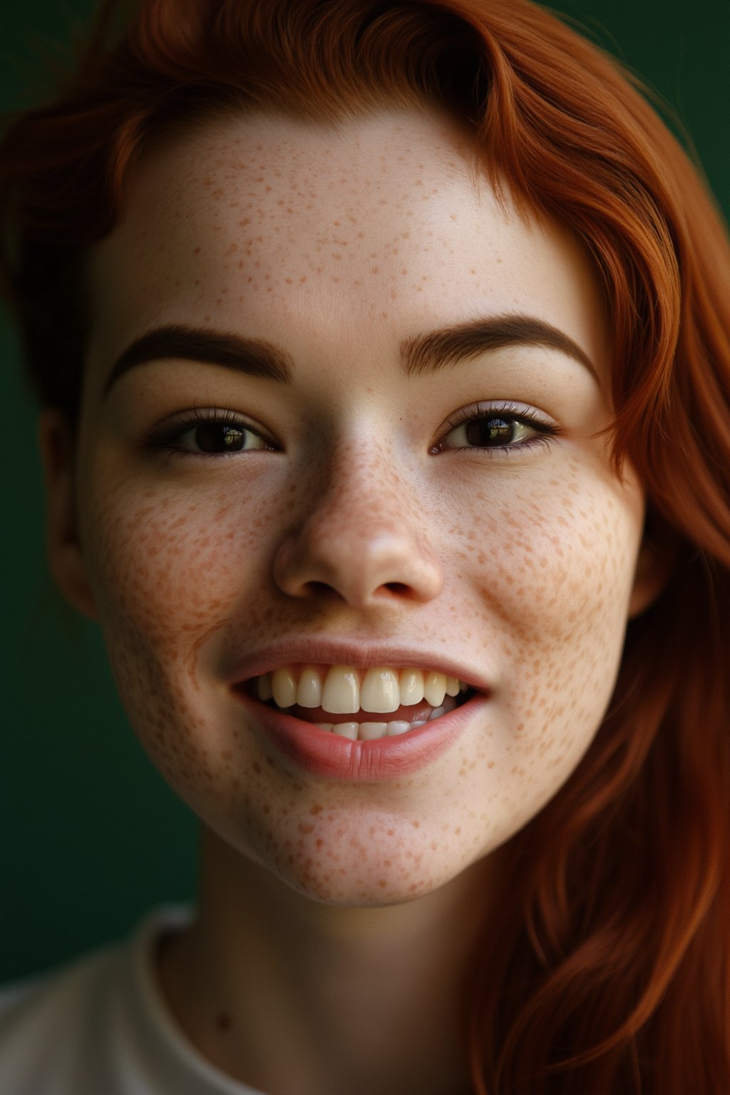 SabrinaLynn, head shot, dynamic, photoshoot, macro photography, bokeh, 
pale skin, freckles, red hair, black eyes, long eyelashes, smile, grin, teeth, 
high quality, intricate details, detailed skin texture, 
green background