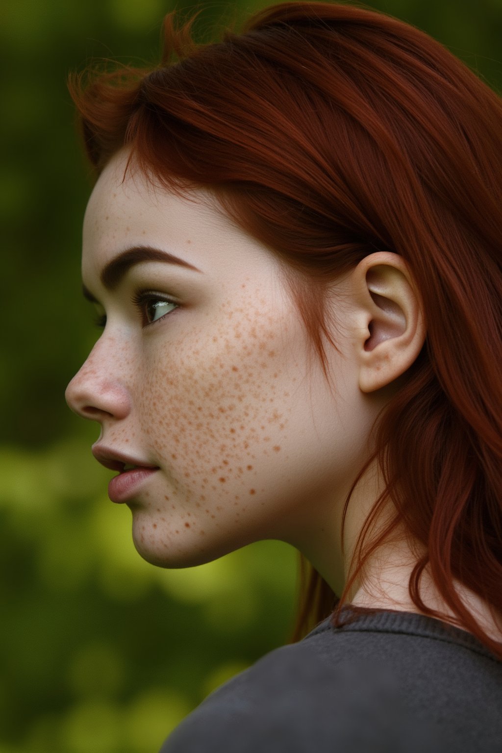 SabrinaLynn, portrait, profile view, photoshoot, bokeh, 
pale skin, freckles, red hair, black eyes, smile, 
high quality, intricate details, 
green background