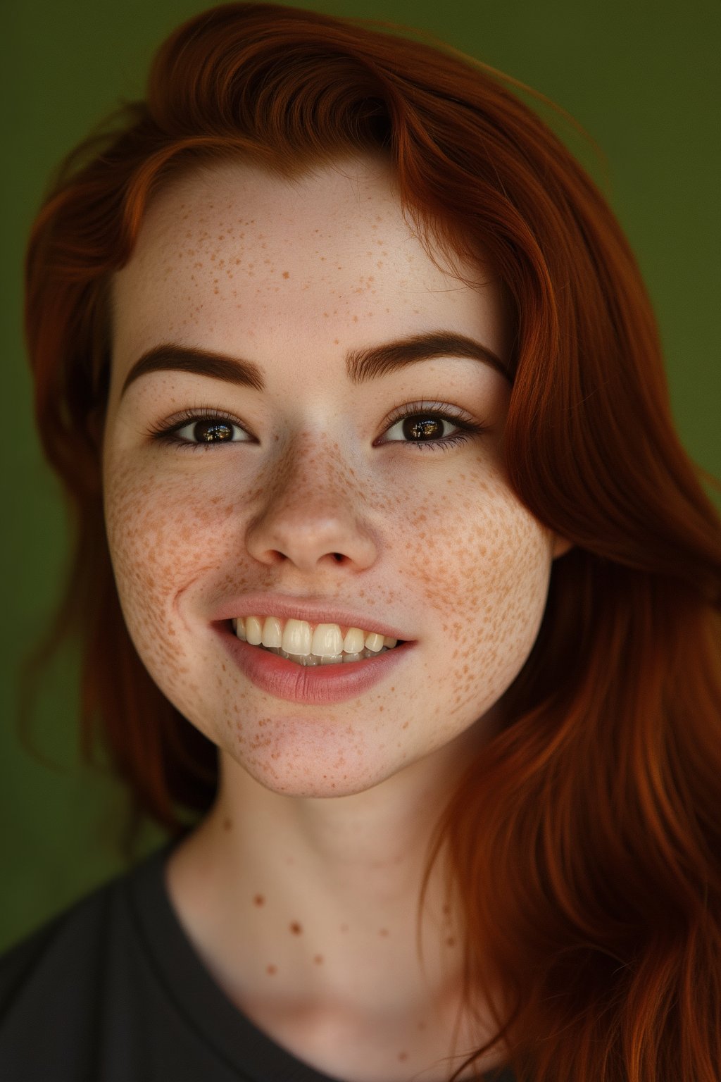 SabrinaLynn, portrait, photoshoot, macro photography, bokeh, 
pale skin, freckles, red hair, brown eyes, smile, grin, teeth, 
high quality, intricate details, detailed skin texture, 
green background