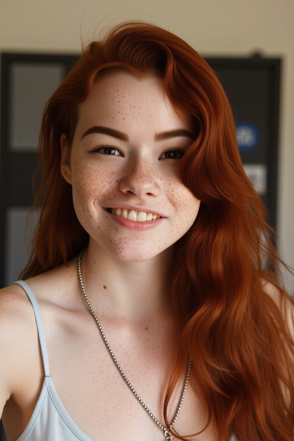 SabrinaLynn, upper body portrait, photoshoot, bokeh, 
pale skin, freckles, red hair, brown eyes, smile, grin, teeth, 
white dress, necklace, glasses, 
high quality, intricate details, detailed skin texture, 
office background