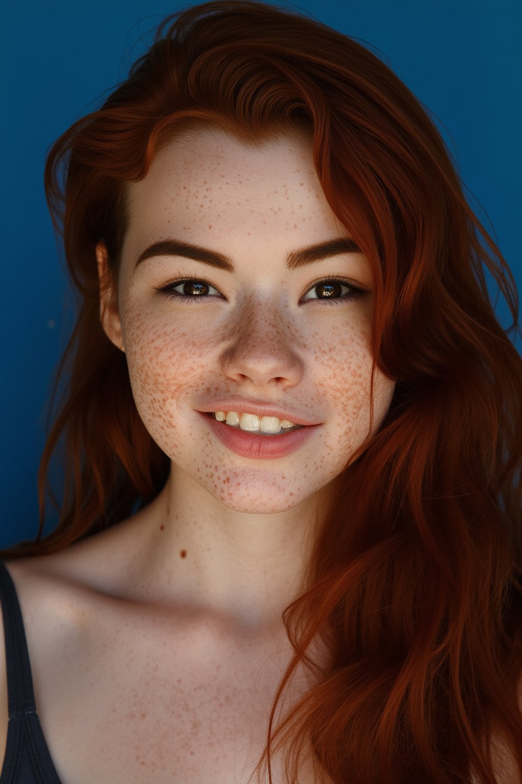 SabrinaLynn, portrait, photoshoot, 
pale skin, freckles, red hair, brown eyes, smile, grin, teeth,
high quality, intricate details, detailed skin texture, 
blue background