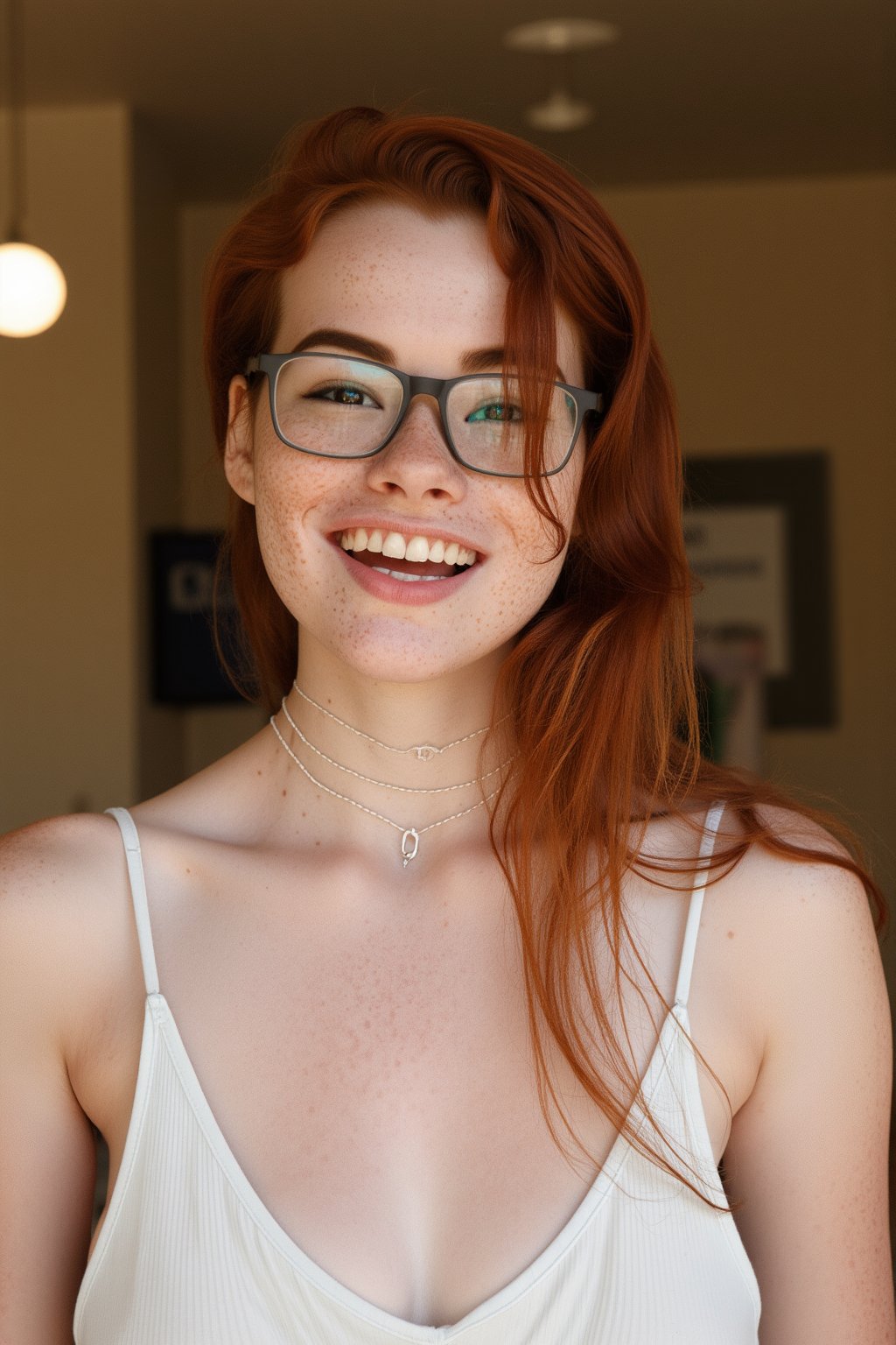 SabrinaLynn, upper body portrait, photoshoot, bokeh, 
pale skin, freckles, red hair, brown eyes, smile, grin, teeth, 
white dress, necklace, glasses, 
high quality, intricate details, detailed skin texture, 
office background