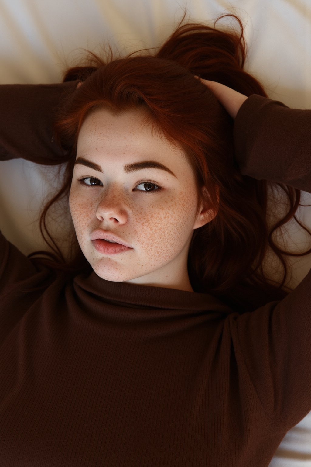 SabrinaLynn, laying on back, hands behind head, from above, photoshoot, 
pale skin, freckles, red hair, brown eyes,
brown sweater, 
high quality, intricate details,
bed background