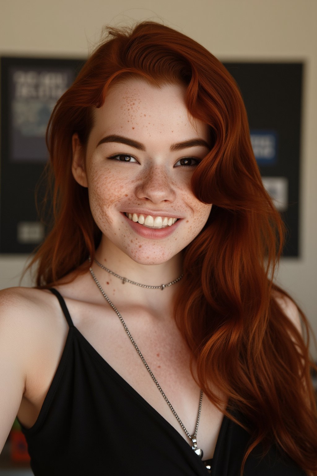 SabrinaLynn, upper body portrait, photoshoot, bokeh, 
pale skin, freckles, red hair, brown eyes, smile, grin, teeth, 
black dress, necklace, 
high quality, intricate details, detailed skin texture, 
office background