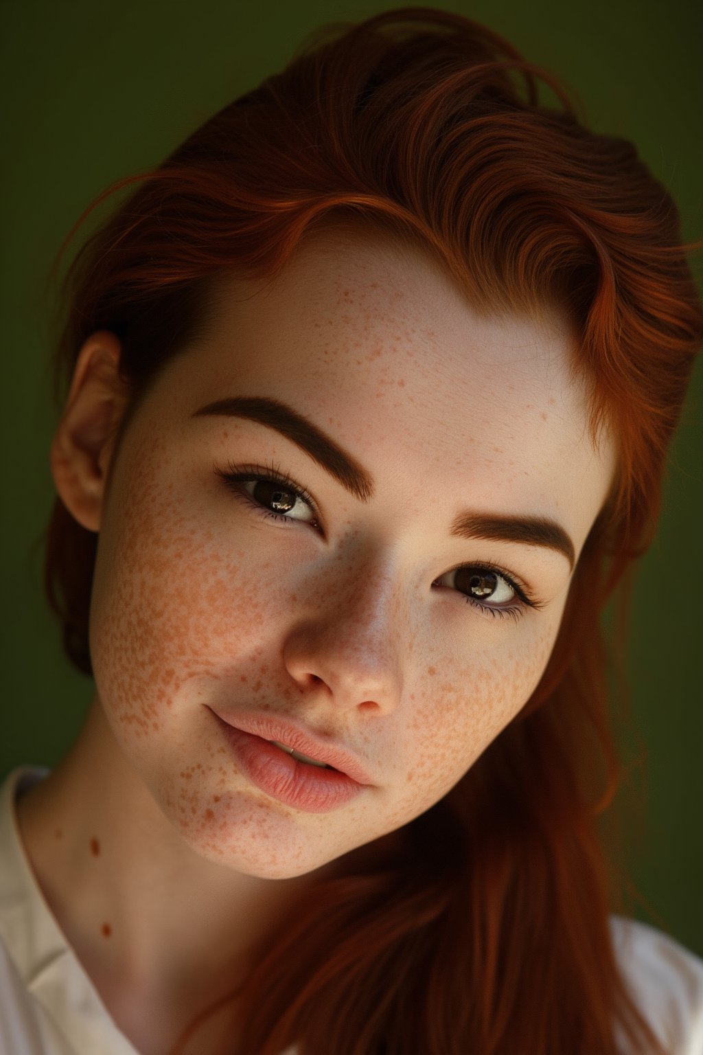 SabrinaLynn, head shot, dynamic, photoshoot, macro photography, bokeh, 
pale skin, freckles, red hair, brown eyes, long eyelashes, smile, 
high quality, intricate details, detailed skin texture, 
green background