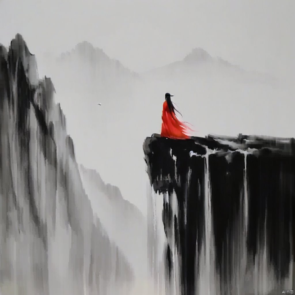 ink painting, a painting of a person sitting on a cliff with a red coat on top of it and a black bird flying over the cliff, 1girl, solo, long hair, black hair, sitting, very long hair, multicolored hair, water, from behind, bird, letterboxed, facing away, waterfall
